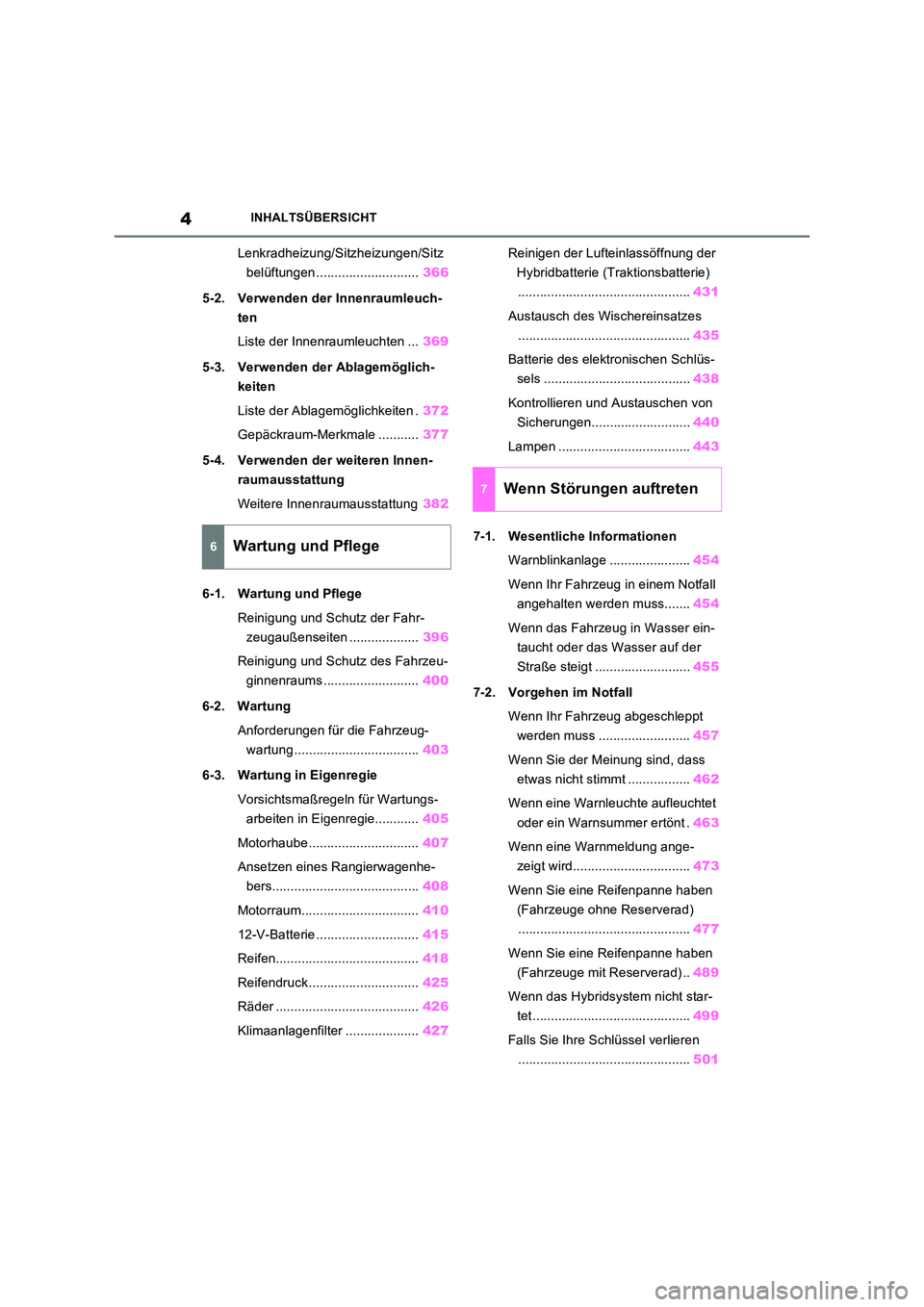 TOYOTA RAV4 2023  Betriebsanleitungen (in German) 4INHALTSÜBERSICHT
Lenkradheizung/Sitzheizungen/Sitz 
belüftungen ............................ 366 
5-2. Verwenden der Innenraumleuch- 
ten 
Liste der Innenraumleuchten ... 369 
5-3. Verwenden der Ab