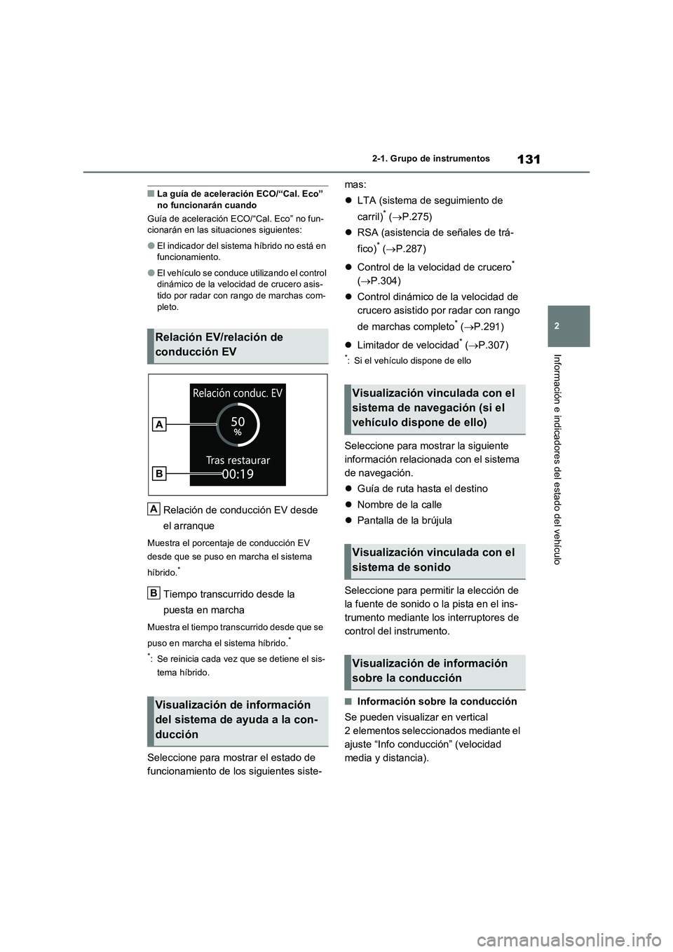 TOYOTA RAV4 2023  Manual del propietario (in Spanish) 131
2 
2-1. Grupo de instrumentos
Información e indicadores del estado del vehículo
■La guía de aceleración ECO/“Cal. Eco”  no funcionarán cuando 
Guía de aceleración ECO/“Cal. Eco” n