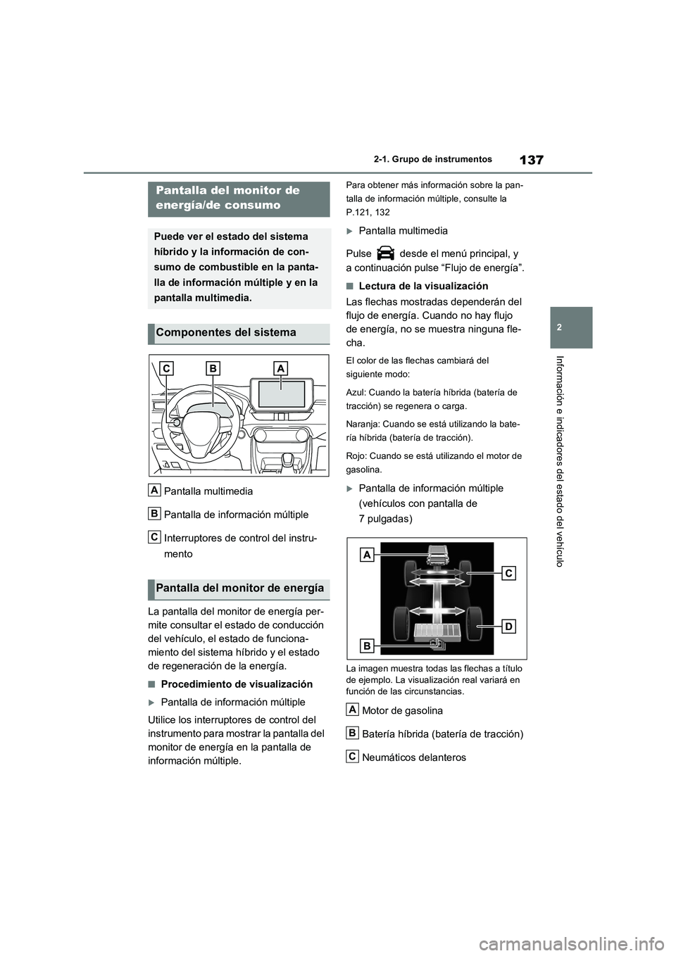 TOYOTA RAV4 2023  Manual del propietario (in Spanish) 137
2 2-1. Grupo de instrumentos
Información e indicadores del estado del vehículo
Pantalla multimedia
Pantalla de información múltiple
Interruptores de control del instru-
mento
La pantalla del m