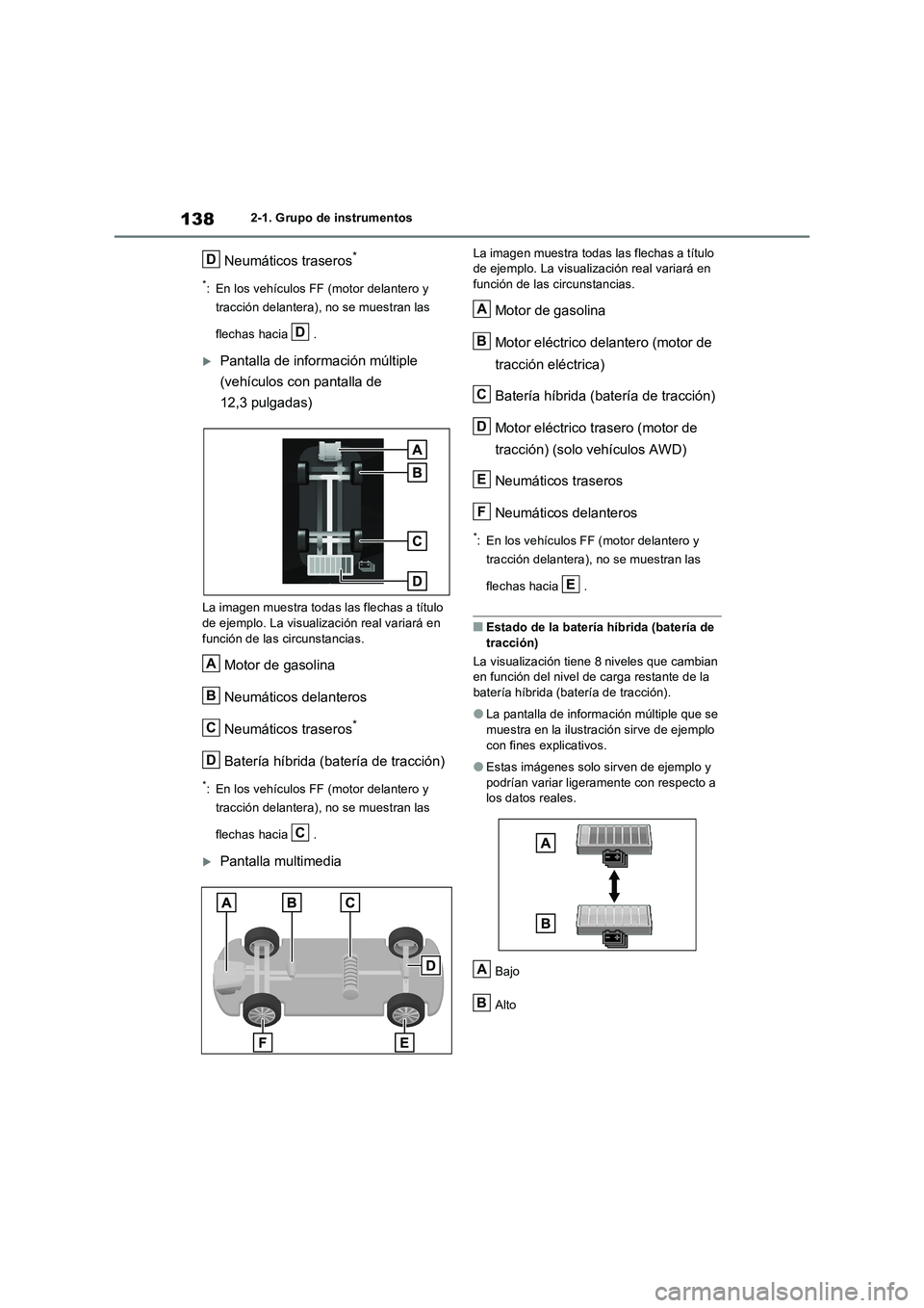 TOYOTA RAV4 2023  Manual del propietario (in Spanish) 1382-1. Grupo de instrumentos
Neumáticos traseros*
*: En los vehículos FF (motor delantero y 
tracción delantera), no se muestran las 
flechas hacia  .
Pantalla de información múltiple 
(vehí