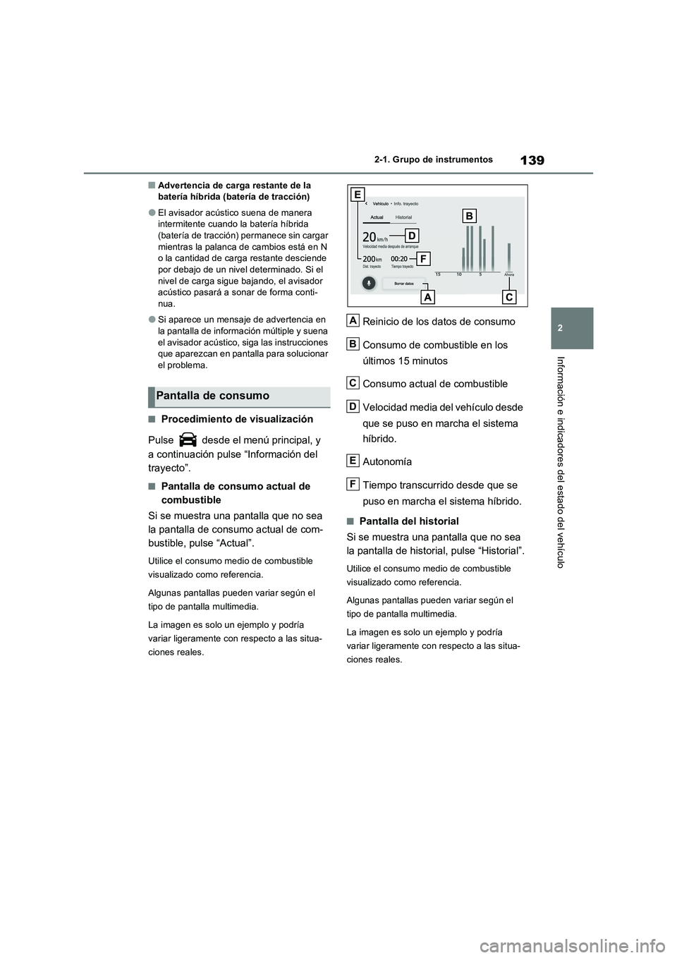 TOYOTA RAV4 2023  Manual del propietario (in Spanish) 139
2 2-1. Grupo de instrumentos
Información e indicadores del estado del vehículo
■Advertencia de carga restante de la 
batería híbrida (batería de tracción)
●El avisador acústico suena de