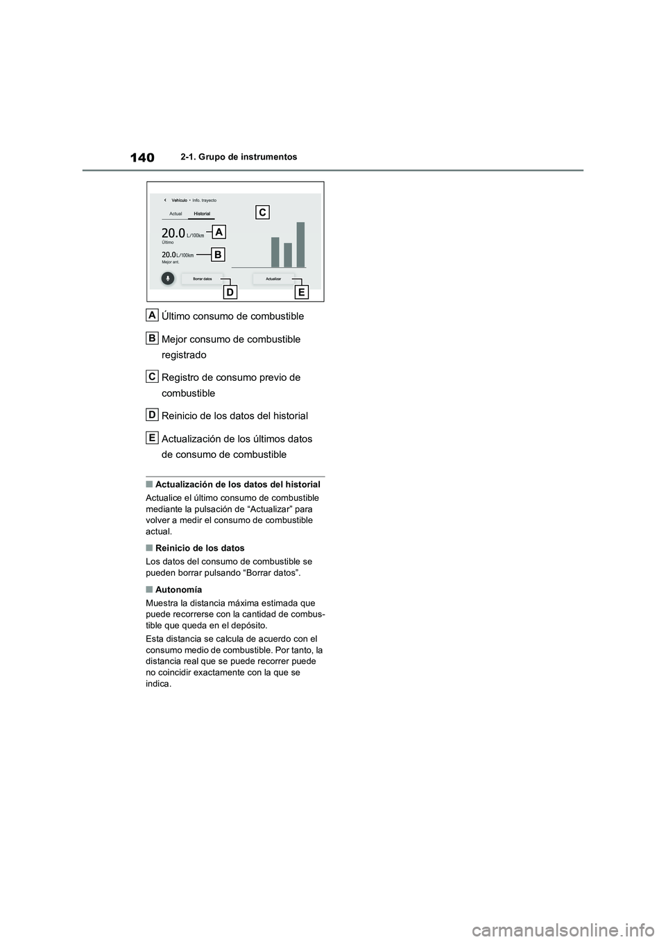 TOYOTA RAV4 2023  Manual del propietario (in Spanish) 1402-1. Grupo de instrumentos
Último consumo de combustible
Mejor consumo de combustible 
registrado
Registro de consumo previo de 
combustible
Reinicio de los datos del historial
Actualización de l