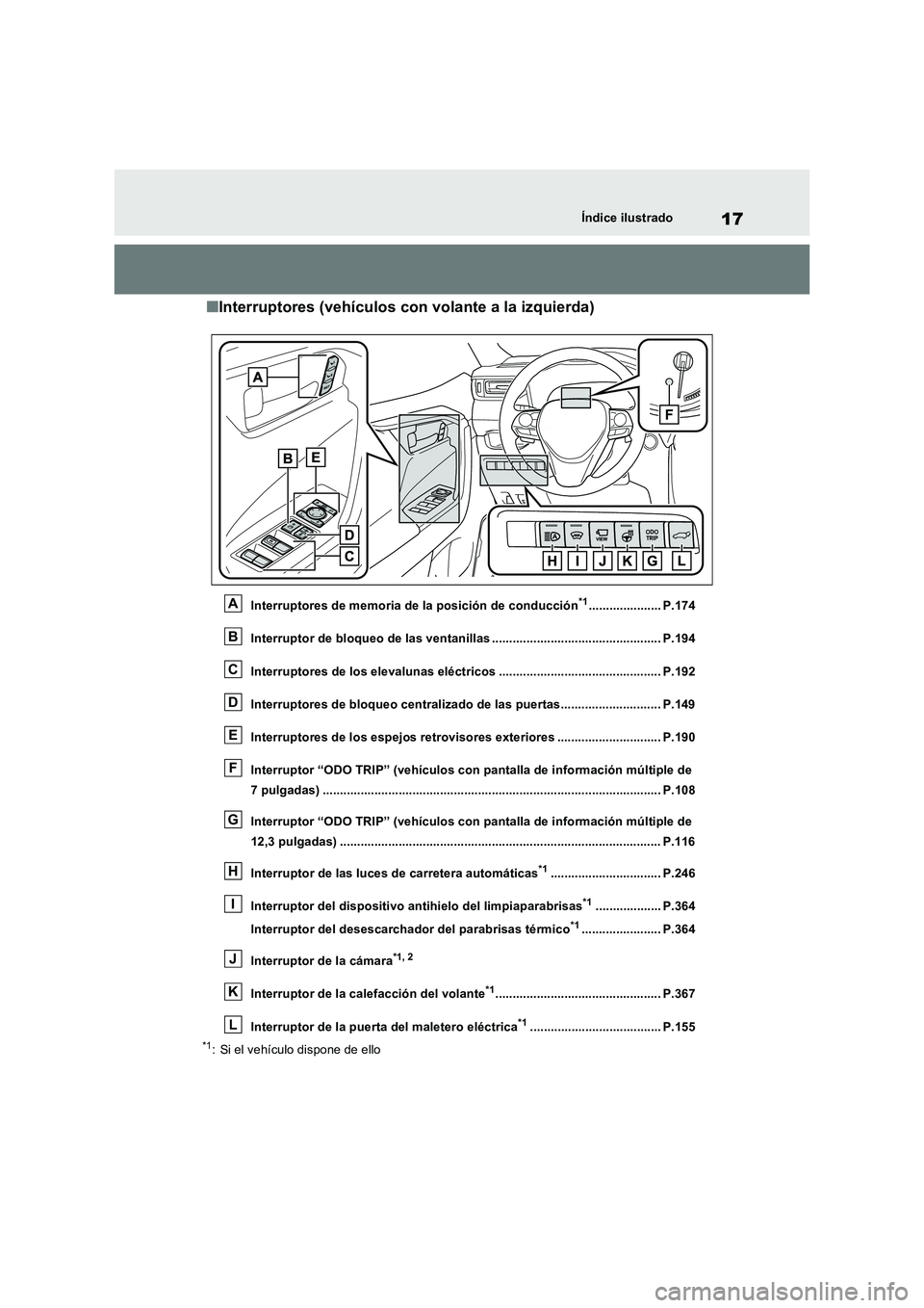 TOYOTA RAV4 2023  Manual del propietario (in Spanish) 17Índice ilustrado
■Interruptores (vehículos con volante a la izquierda)
Interruptores de memoria de la posición de conducción*1..................... P.174 
Interruptor de bloqueo de las ventani