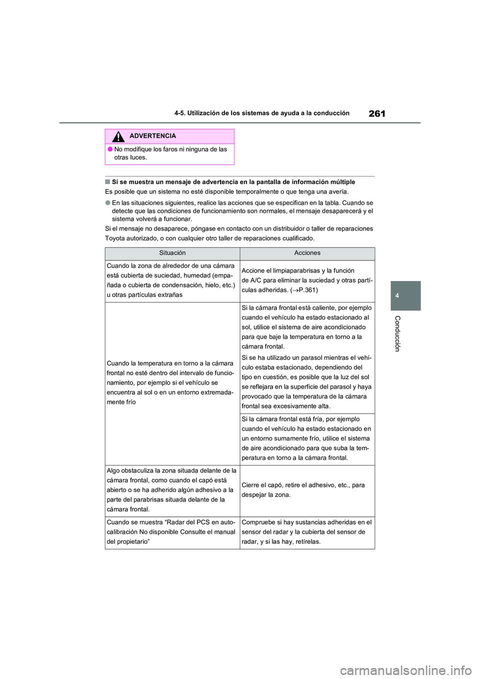 TOYOTA RAV4 2023  Manual del propietario (in Spanish) 261
4 
4-5. Utilización de los sistemas de ayuda a la conducción
Conducción
■Si se muestra un mensaje de advertencia en la pantalla de información múltiple 
Es posible que un sistema no esté d