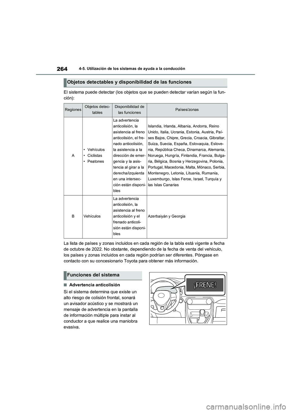 TOYOTA RAV4 2023  Manual del propietario (in Spanish) 2644-5. Utilización de los sistemas de ayuda a la conducción
El sistema puede detectar (los objetos que se pueden detectar varían según la fun-
ción):
La lista de países y zonas incluidos en cad