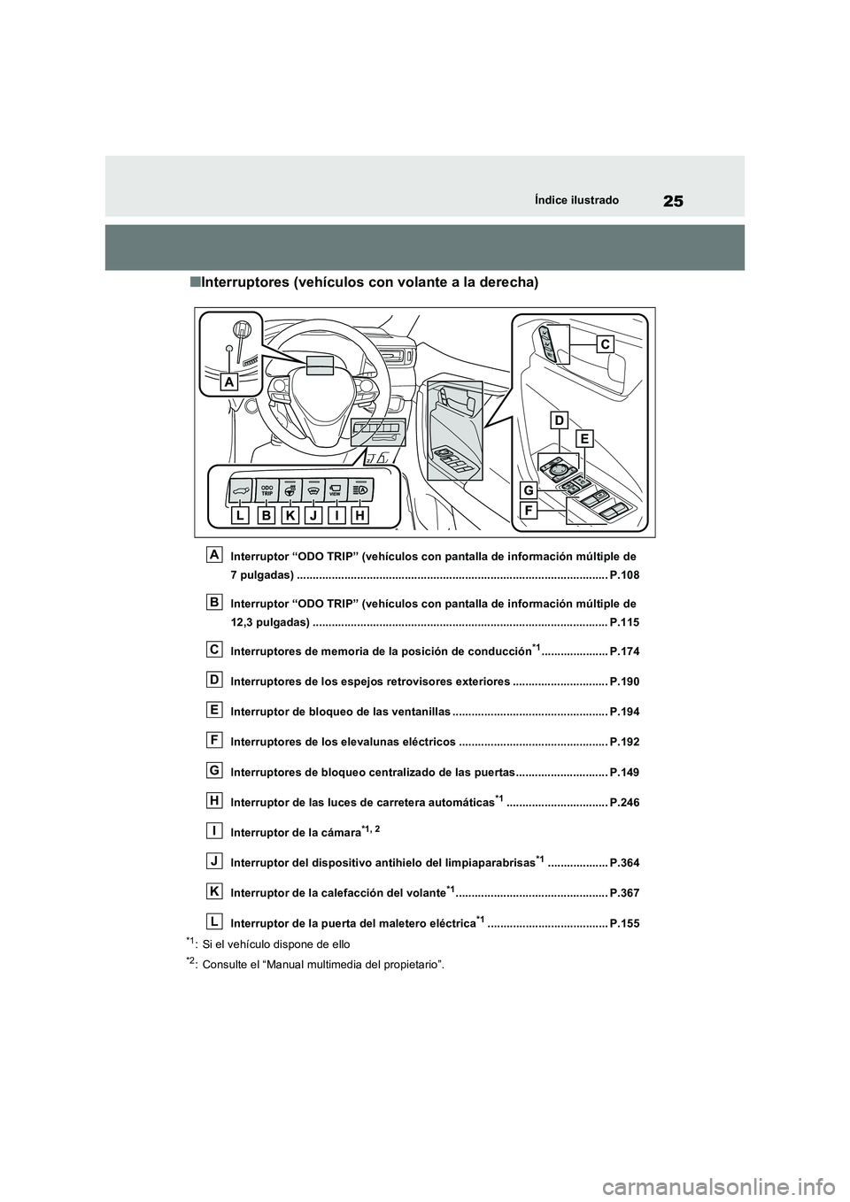 TOYOTA RAV4 2023  Manual del propietario (in Spanish) 25Índice ilustrado
■Interruptores (vehículos con volante a la derecha)
Interruptor “ODO TRIP” (vehículos con pantalla de información múltiple de  
7 pulgadas) ..............................