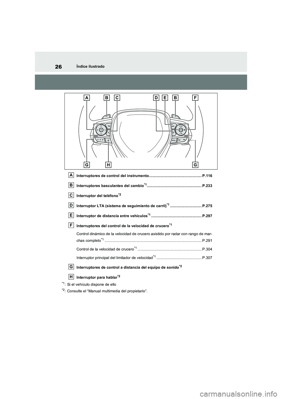 TOYOTA RAV4 2023  Manual del propietario (in Spanish) 26Índice ilustrado
Interruptores de control del instrumento.................................................. P.116
Interruptores basculantes del cambio
*1............................................