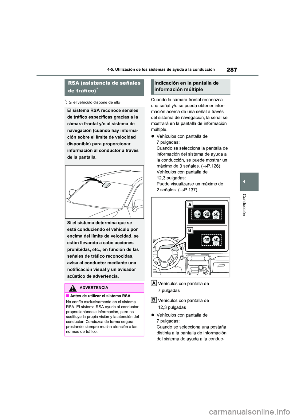 TOYOTA RAV4 2023  Manual del propietario (in Spanish) 287
4 
4-5. Utilización de los sistemas de ayuda a la conducción
Conducción
*: Si el vehículo dispone de elloCuando la cámara frontal reconozca  
una señal y/o se pueda obtener infor-
mación ac
