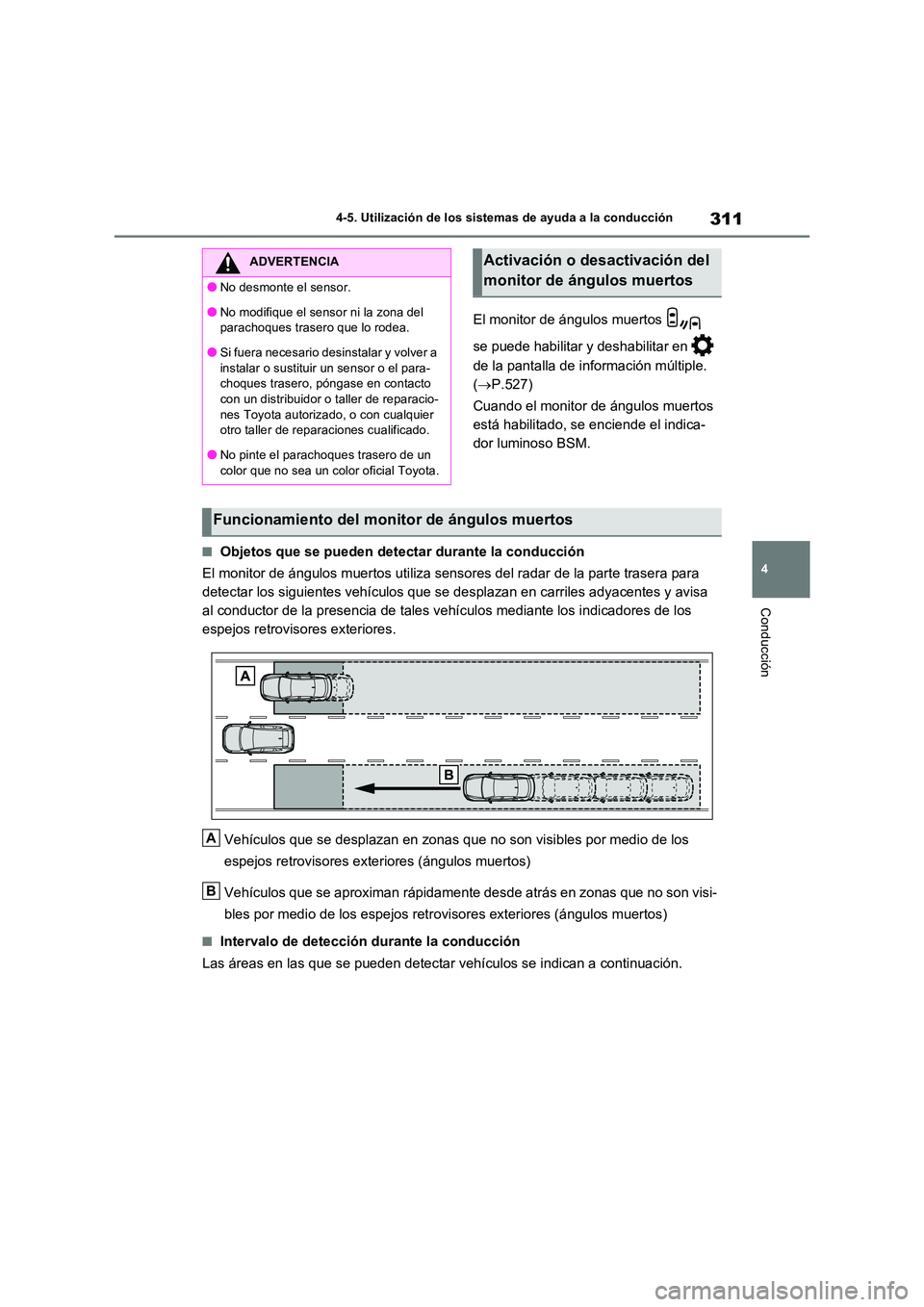 TOYOTA RAV4 2023  Manual del propietario (in Spanish) 311
4 
4-5. Utilización de los sistemas de ayuda a la conducción
Conducción
El monitor de ángulos muertos    
se puede habilitar y deshabilitar en    
de la pantalla de información múltiple.  
(