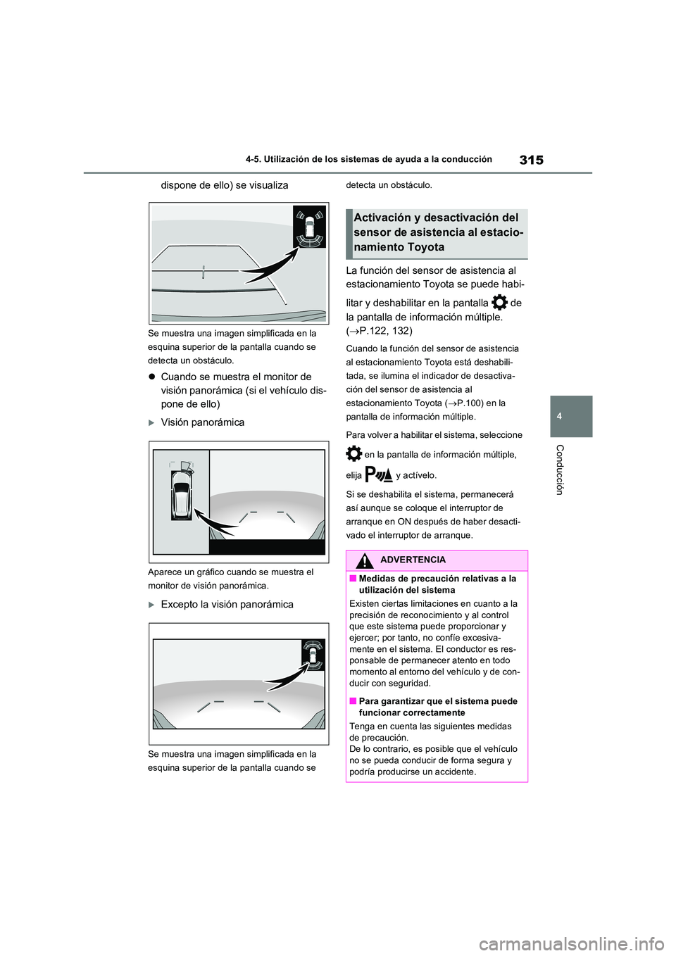 TOYOTA RAV4 2023  Manual del propietario (in Spanish) 315
4 
4-5. Utilización de los sistemas de ayuda a la conducción
Conducción
dispone de ello) se visualiza
Se muestra una imagen simplificada en la  
esquina superior de la pantalla cuando se 
detec