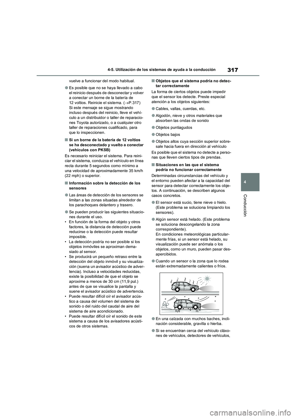 TOYOTA RAV4 2023  Manual del propietario (in Spanish) 317
4 4-5. Utilización de los sistemas de ayuda a la conducción
Conducción
vuelve a funcionar del modo habitual.
●Es posible que no se haya llevado a cabo 
el reinicio después de desconectar y v
