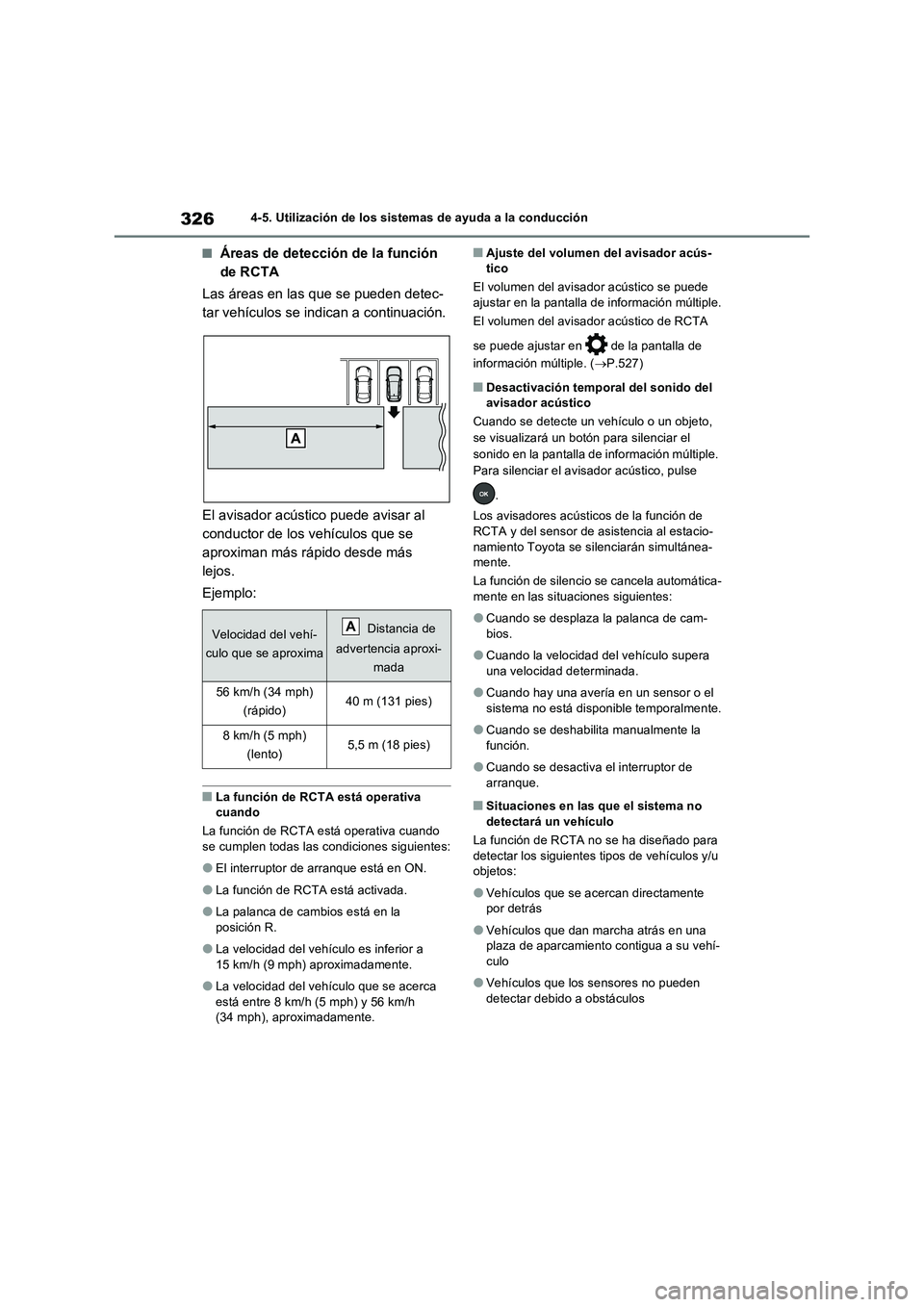 TOYOTA RAV4 2023  Manual del propietario (in Spanish) 3264-5. Utilización de los sistemas de ayuda a la conducción
■Áreas de detección de la función 
de RCTA
Las áreas en las que se pueden detec-
tar vehículos se indican a continuación.
El avis