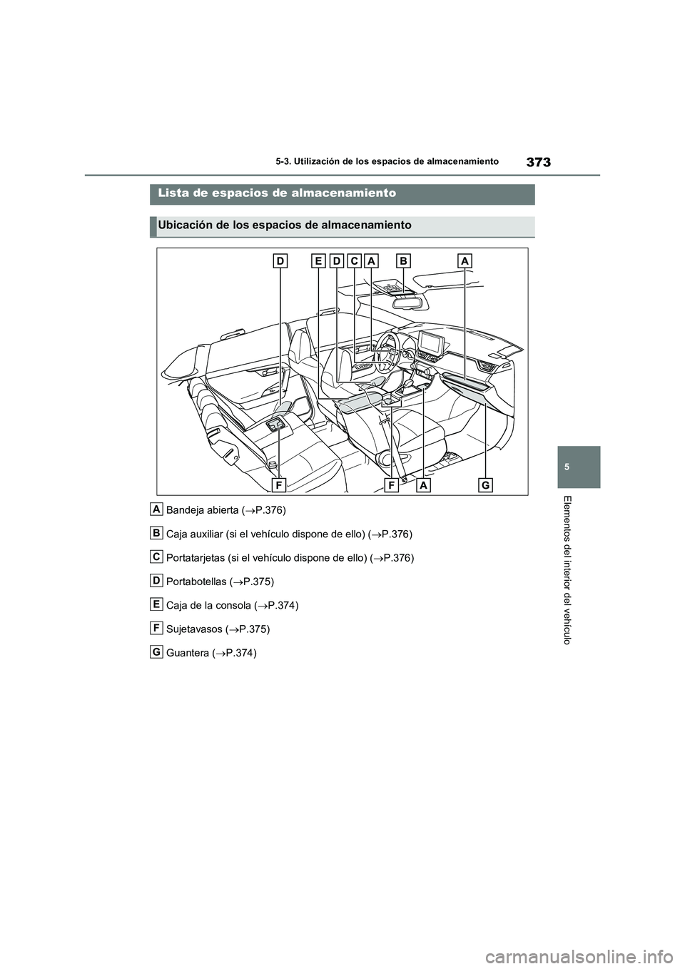 TOYOTA RAV4 2023  Manual del propietario (in Spanish) 373
5 5-3. Utilización de los espacios de almacenamiento
Elementos del interior del vehículo
5-3.Utiliz ación de lo s espac io s d e almac enamiento
Bandeja abierta (P.376)
Caja auxiliar (si el 