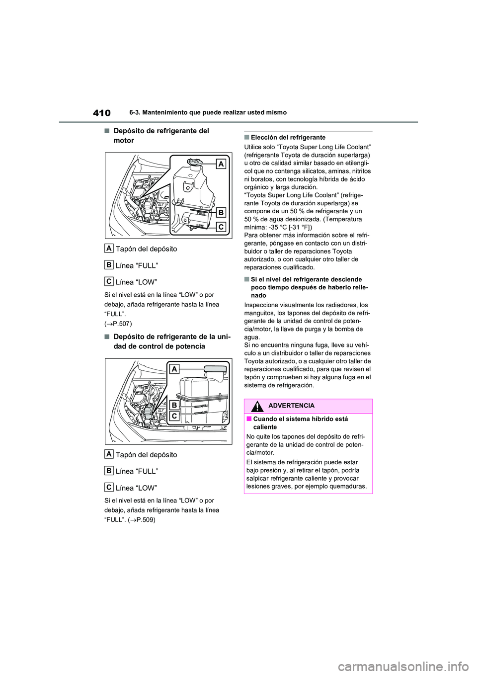 TOYOTA RAV4 2023 Manual del propietario (in Spanish) 4106-3. Mantenimiento que puede realizar usted mismo
■Depósito de refrigerante del
motor
Tapón del depósito
Línea “FULL”
Línea “LOW”
Si el nivel está en la línea “LOW” o por TOYOTA RAV4 2023 Manual del propietario (in Spanish) 4106-3. Mantenimiento que puede realizar usted mismo
■Depósito de refrigerante del
motor
Tapón del depósito
Línea “FULL”
Línea “LOW”
Si el nivel está en la línea “LOW” o por