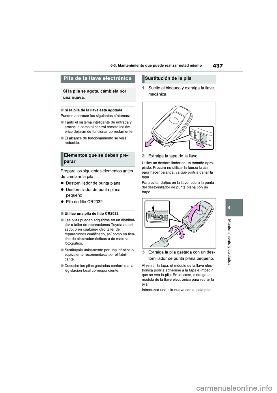 TOYOTA RAV4 2023  Manual del propietario (in Spanish) 437
6 6-3. Mantenimiento que puede realizar usted mismo
Mantenimiento y cuidados
■Si la pila de la llave está agotada
Pueden aparecer los siguientes síntomas:
●Tanto el sistema inteligente de en