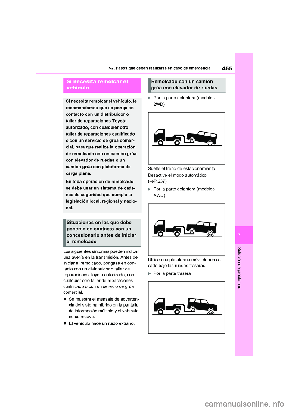 TOYOTA RAV4 2023  Manual del propietario (in Spanish) 455
7 
7-2. Pasos que deben realizarse en caso de emergencia
Solución de problemas
7-2.Paso s que debe n realizarse en ca so de emerg encia
Los siguientes síntomas pueden indicar  
una avería en la
