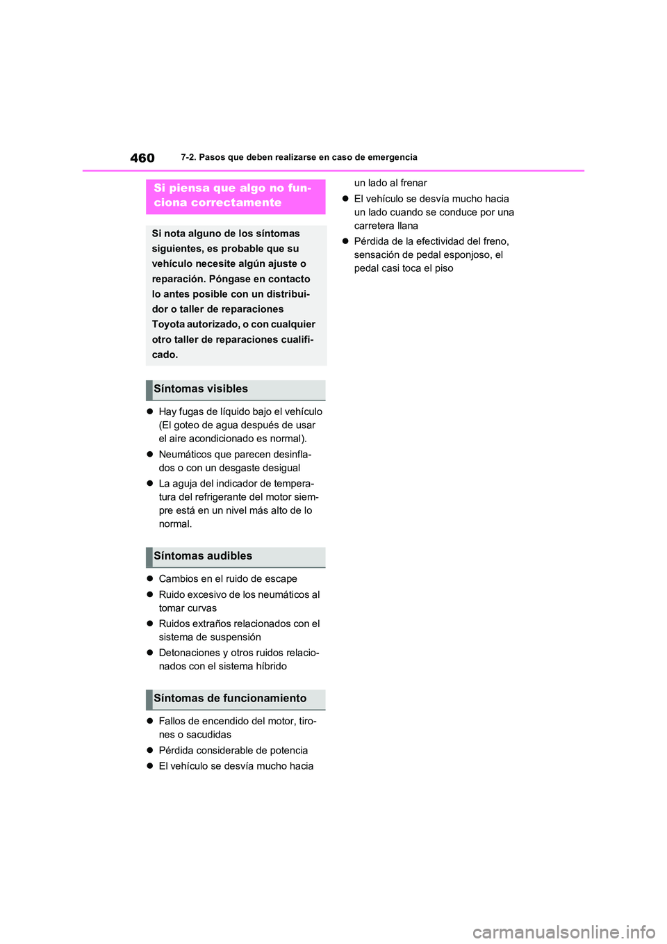 TOYOTA RAV4 2023  Manual del propietario (in Spanish) 4607-2. Pasos que deben realizarse en caso de emergencia
Hay fugas de líquido bajo el vehículo 
(El goteo de agua después de usar 
el aire acondicionado es normal). 
 Neumáticos que parecen 