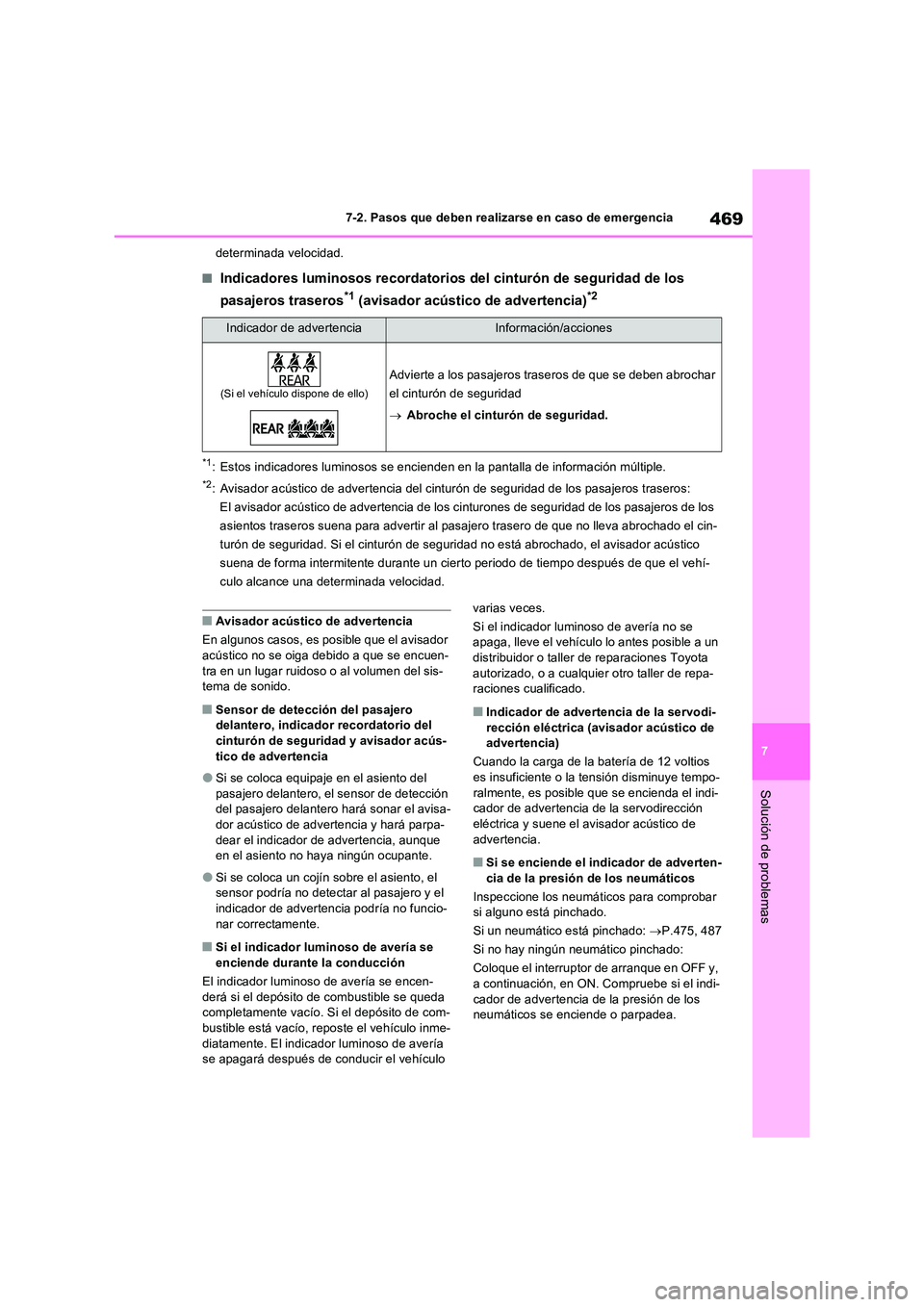 TOYOTA RAV4 2023  Manual del propietario (in Spanish) 469
7 
7-2. Pasos que deben realizarse en caso de emergencia
Solución de problemas
determinada velocidad.
■Indicadores luminosos recordatorios  del cinturón de seguridad de los  
pasajeros trasero