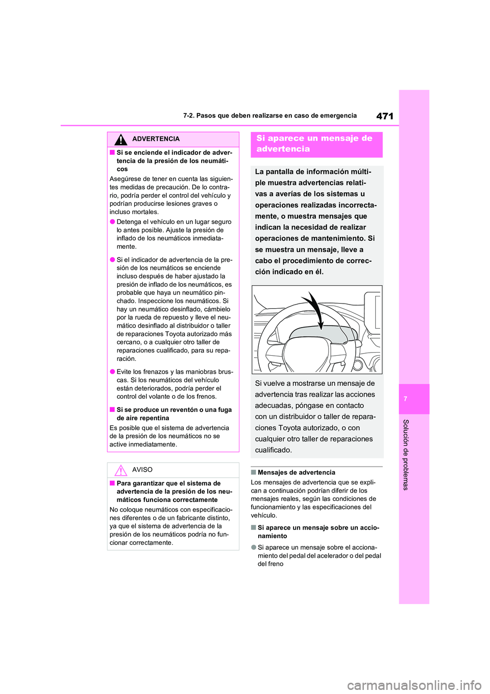 TOYOTA RAV4 2023  Manual del propietario (in Spanish) 471
7 
7-2. Pasos que deben realizarse en caso de emergencia
Solución de problemas
■Mensajes de advertencia 
Los mensajes de advertencia que se expli- 
can a continuación podrían diferir de los  