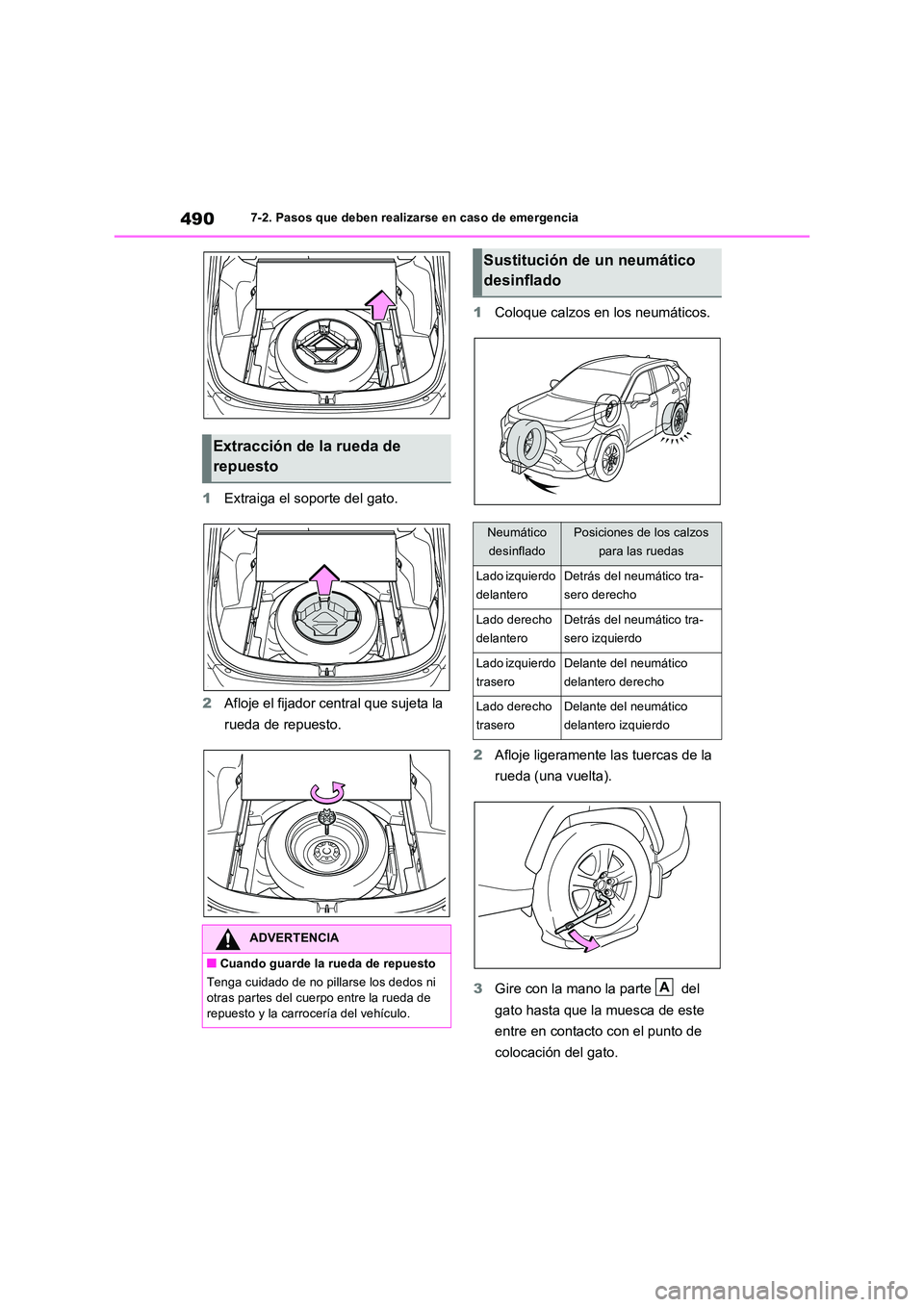 TOYOTA RAV4 2023  Manual del propietario (in Spanish) 4907-2. Pasos que deben realizarse en caso de emergencia
1Extraiga el soporte del gato. 
2 Afloje el fijador central que sujeta la  
rueda de repuesto. 
1 Coloque calzos en los neumáticos. 
2 Afloje 