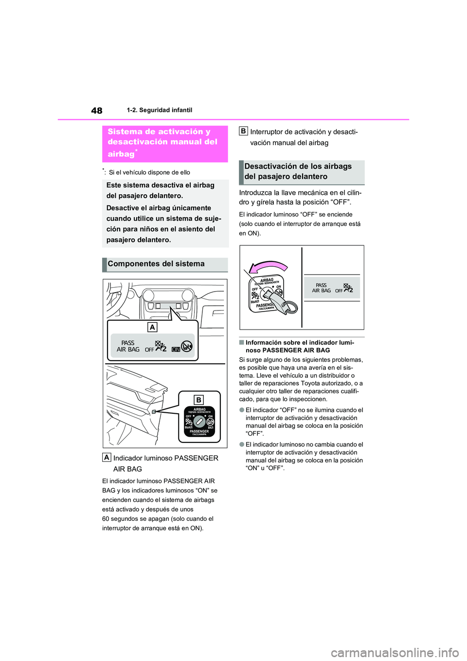 TOYOTA RAV4 2023  Manual del propietario (in Spanish) 481-2. Seguridad infantil
1-2.Segu ridad infa ntil
*: Si el vehículo dispone de ello
Indicador luminoso PASSENGER  
AIR BAG
El indicador luminoso PASSENGER AIR  
BAG y los indicadores luminosos “ON