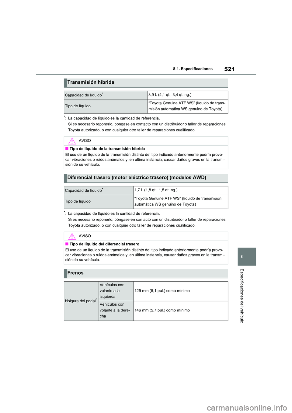 TOYOTA RAV4 2023  Manual del propietario (in Spanish) 521
8 
8-1. Especificaciones
Especificaciones del vehículo
*: La capacidad de líquido es la cantidad de referencia. 
Si es necesario reponerlo, póngase en contacto  con un distribuidor o taller de 