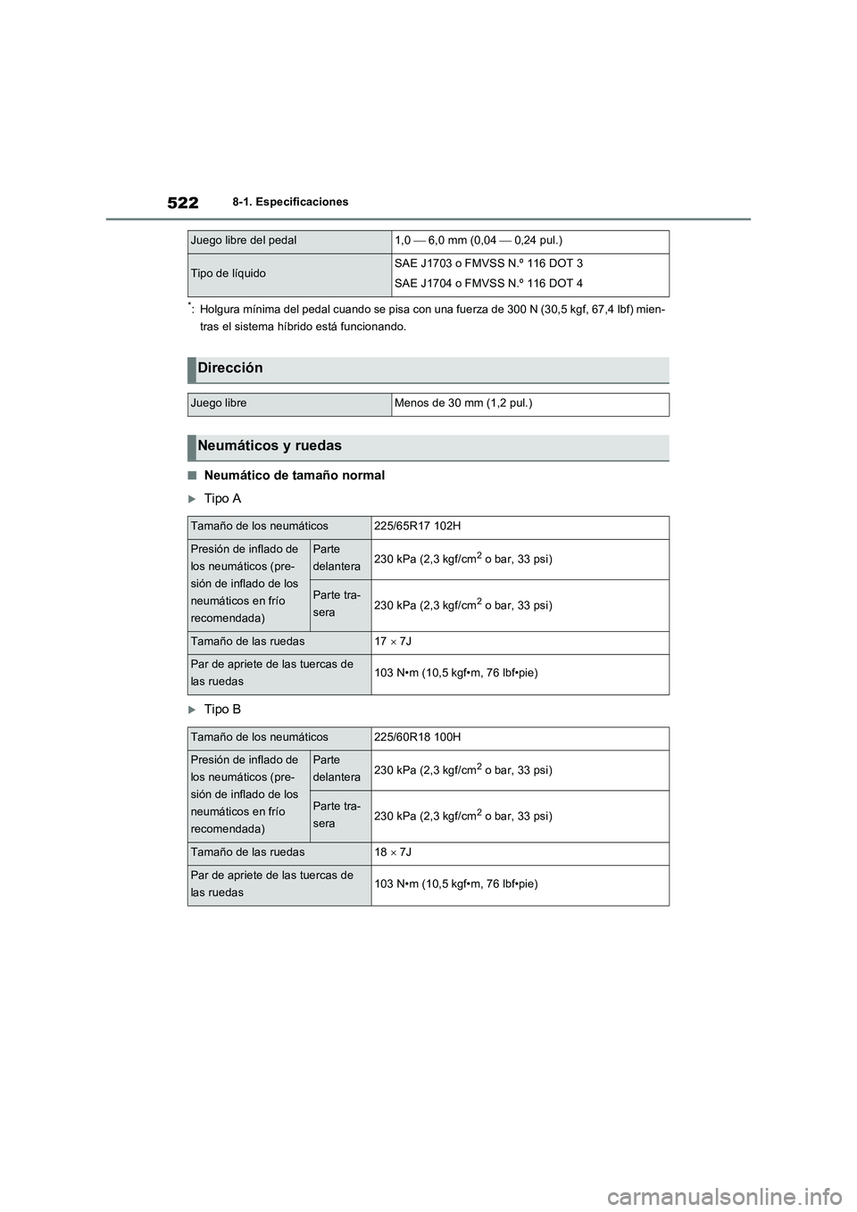 TOYOTA RAV4 2023  Manual del propietario (in Spanish) 5228-1. Especificaciones
*: Holgura mínima del pedal cuando se pisa con una fuerza de 300 N (30,5 kgf, 67,4 lbf) mien-
tras el sistema híbrido está funcionando.
■Neumático de tamaño normal
T