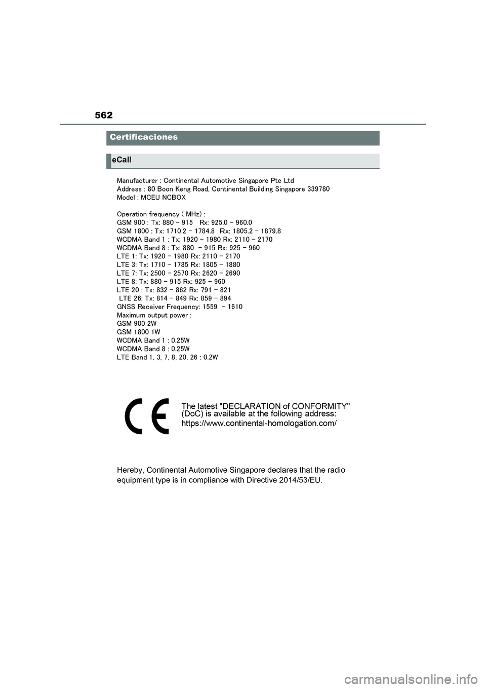 TOYOTA RAV4 2023  Manual del propietario (in Spanish) 562
Certificaciones
eCall 