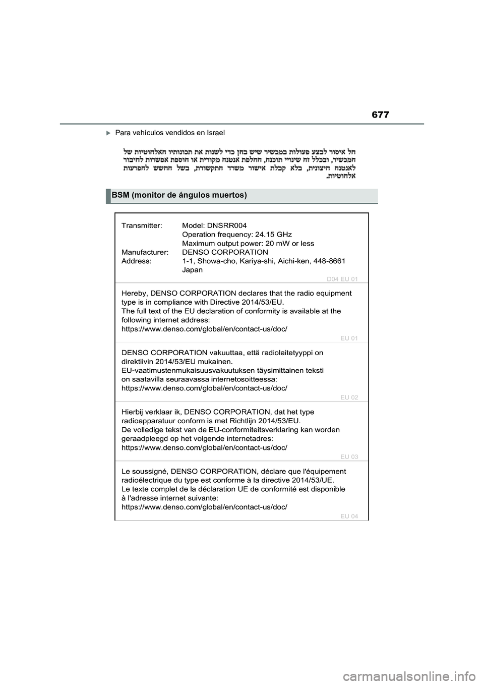 TOYOTA RAV4 2023  Manual del propietario (in Spanish) 677
Para vehículos vendidos en Israel
BSM (monitor de ángulos muertos) 