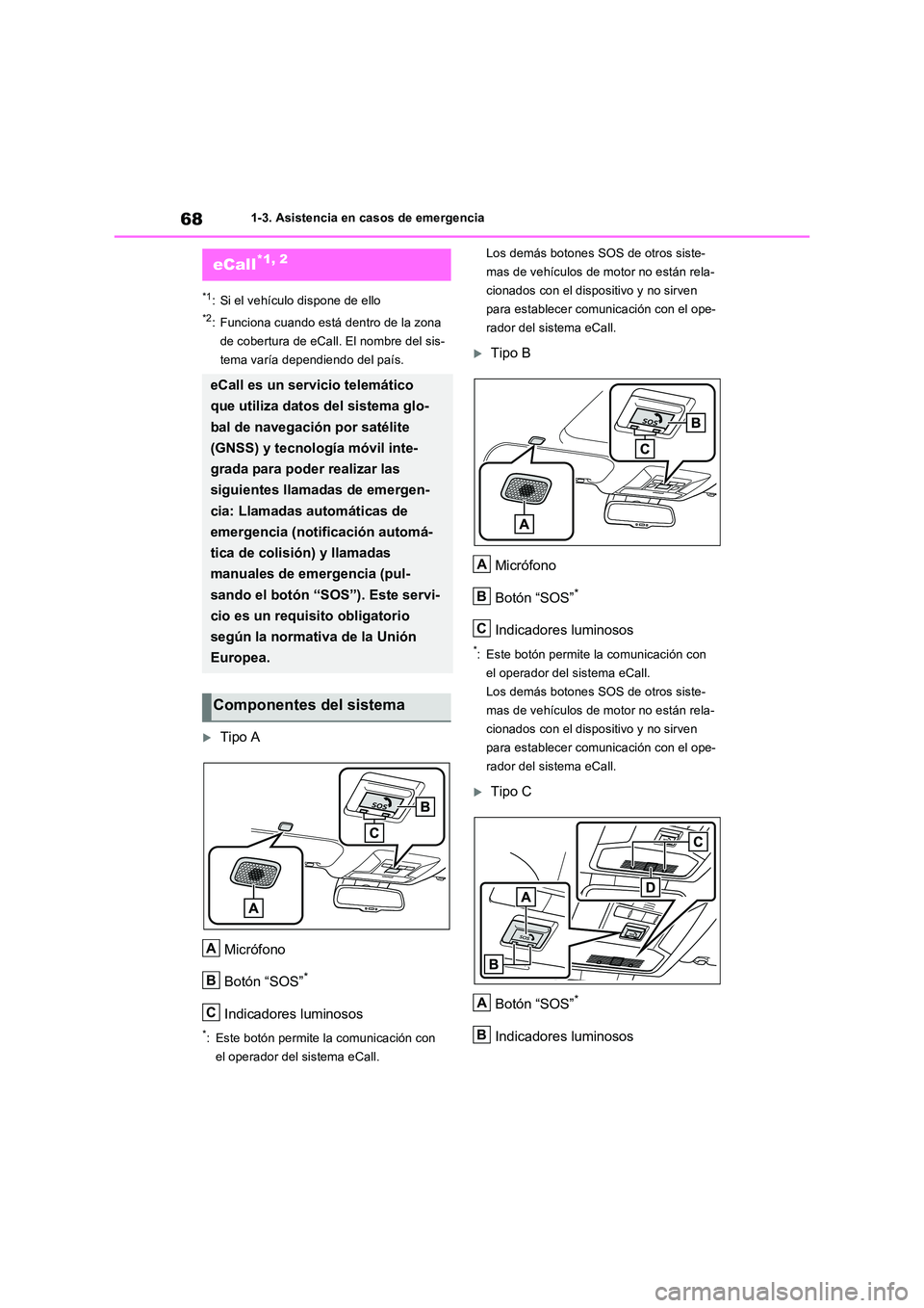 TOYOTA RAV4 2023  Manual del propietario (in Spanish) 681-3. Asistencia en casos de emergencia
1-3.Asistencia en cas os de emergencia
*1: Si el vehículo dispone de ello
*2: Funciona cuando está dentro de la zona  
de cobertura de eCall. El nombre del s
