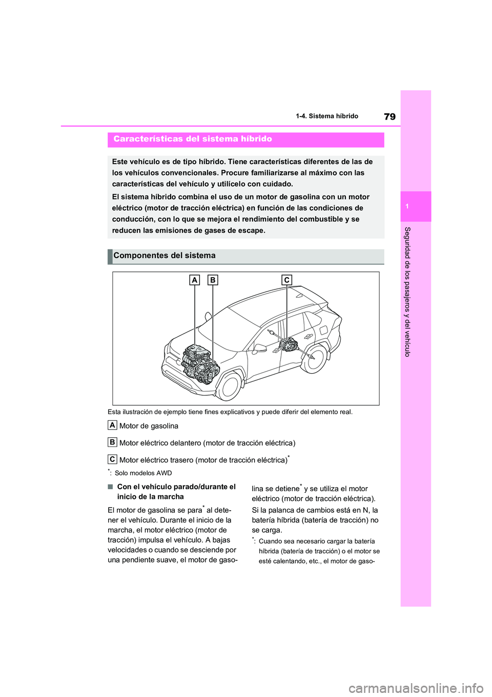 TOYOTA RAV4 2023  Manual del propietario (in Spanish) 79
1 
1-4. Sistema híbrido
Seguridad de los pasajeros y del vehículo
1-4.Siste ma  híbrid o
Esta ilustración de ejemplo tiene fines explic ativos y puede diferir del elemento real.
Motor de gasoli