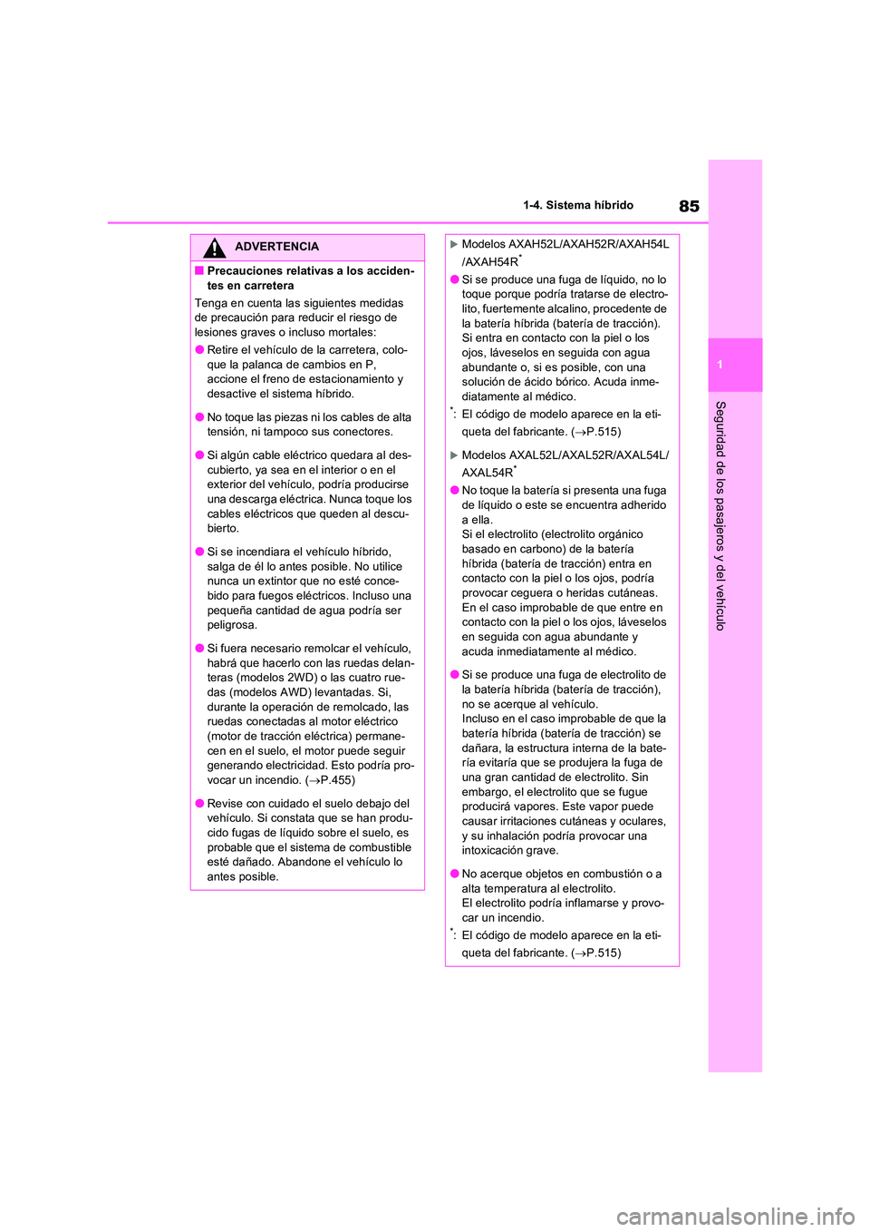 TOYOTA RAV4 2023  Manual del propietario (in Spanish) 85
1 
1-4. Sistema híbrido
Seguridad de los pasajeros y del vehículo
ADVERTENCIA
■Precauciones relativas a los acciden- 
tes en carretera 
Tenga en cuenta las siguientes medidas  de precaución pa