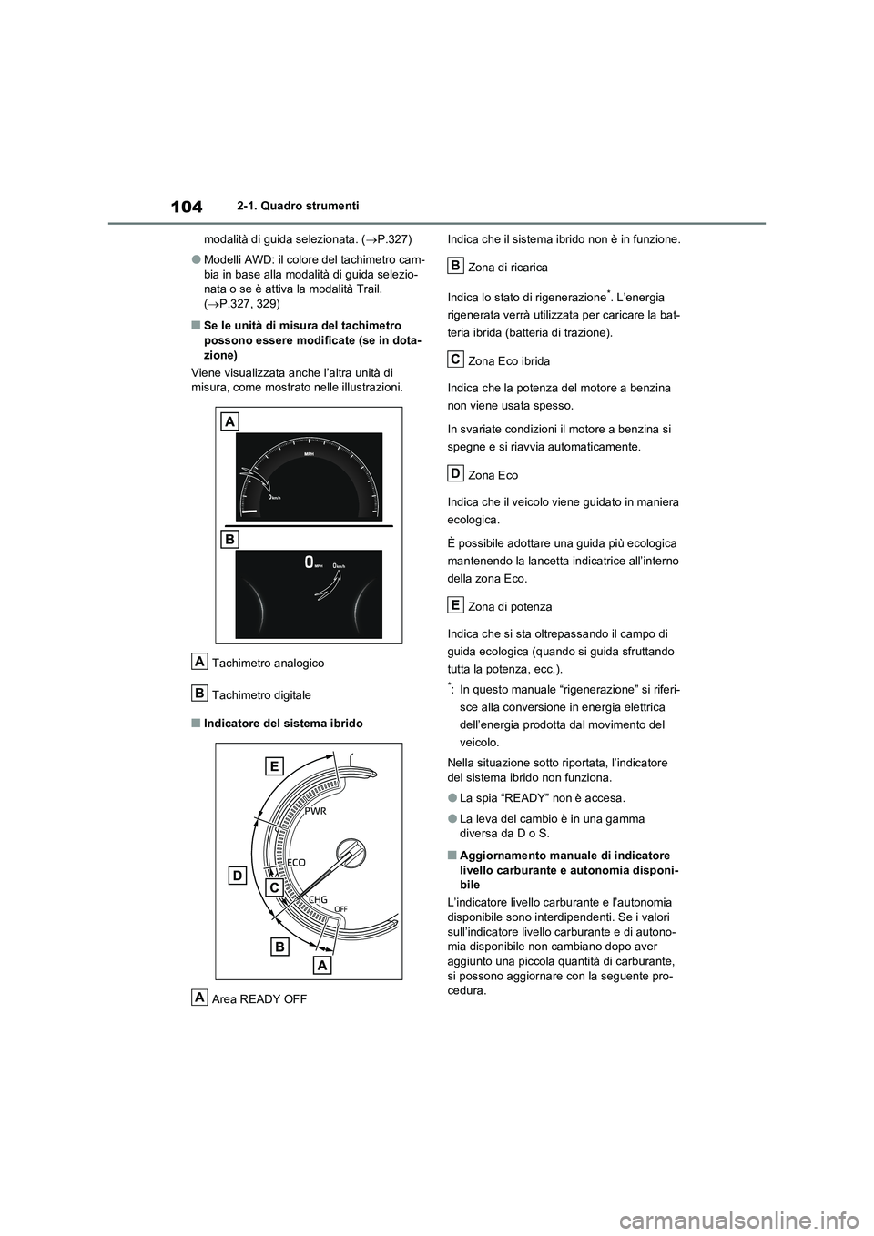 TOYOTA RAV4 2023  Manuale duso (in Italian) 1042-1. Quadro strumenti
modalità di guida selezionata. (P.327)
●Modelli AWD: il colore del tachimetro cam-
bia in base alla modalità di guida selezio-
nata o se è attiva la modalità Trail. 

