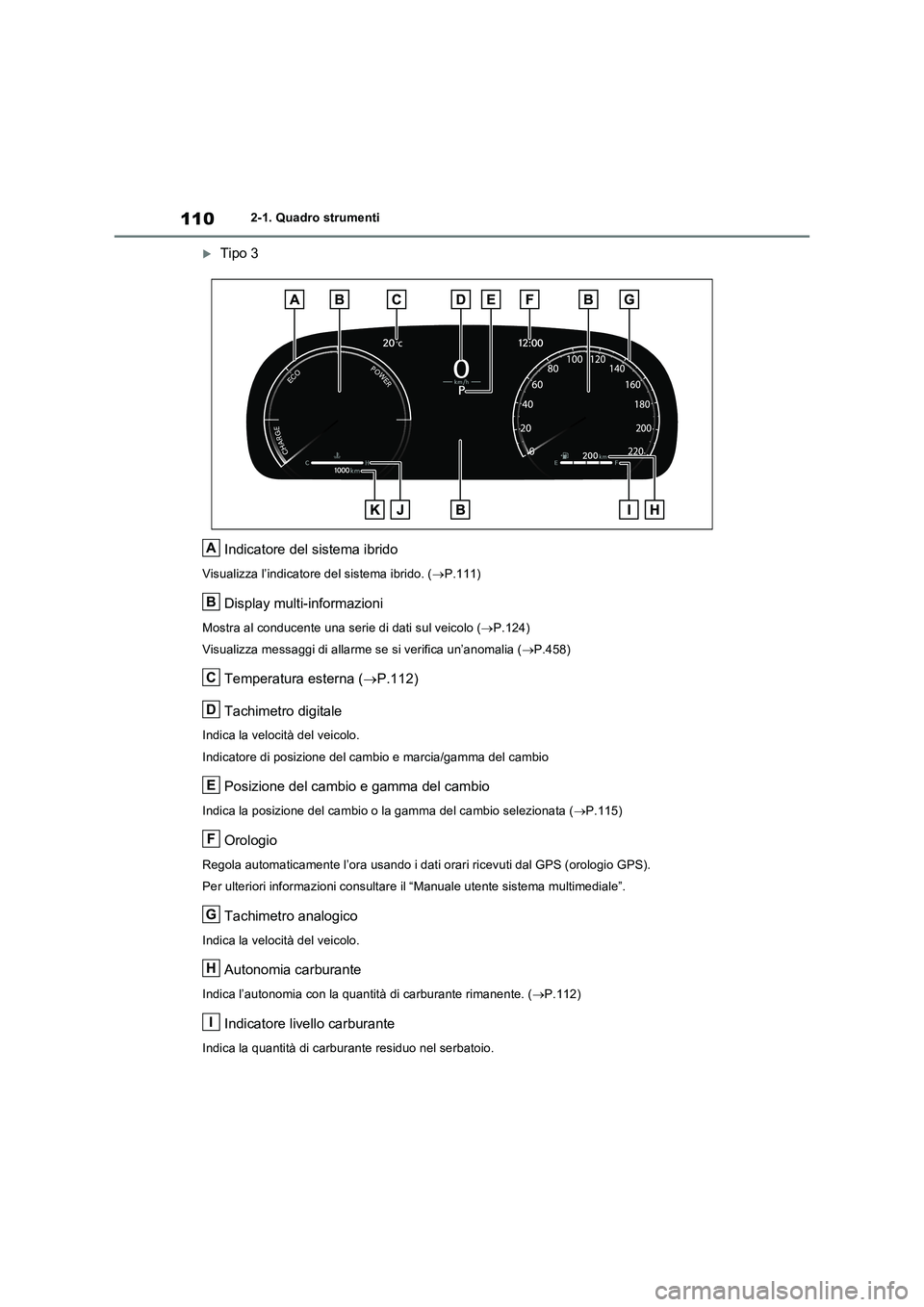 TOYOTA RAV4 2023  Manuale duso (in Italian) 1102-1. Quadro strumenti
Tipo 3
Indicatore del sistema ibrido
Visualizza l’indicatore del sistema ibrido. (P.111)
Display multi-informazioni
Mostra al conducente una serie di dati sul veicolo 