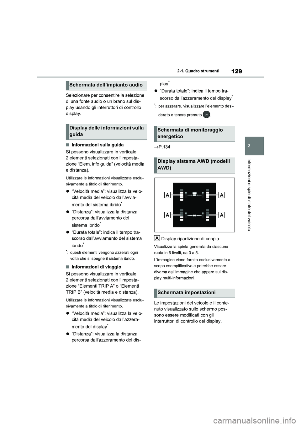 TOYOTA RAV4 2023  Manuale duso (in Italian) 129
2 2-1. Quadro strumenti
Informazioni e spie di stato del veicolo
Selezionare per consentire la selezione 
di una fonte audio o un brano sul dis-
play usando gli interruttori di controllo 
display.