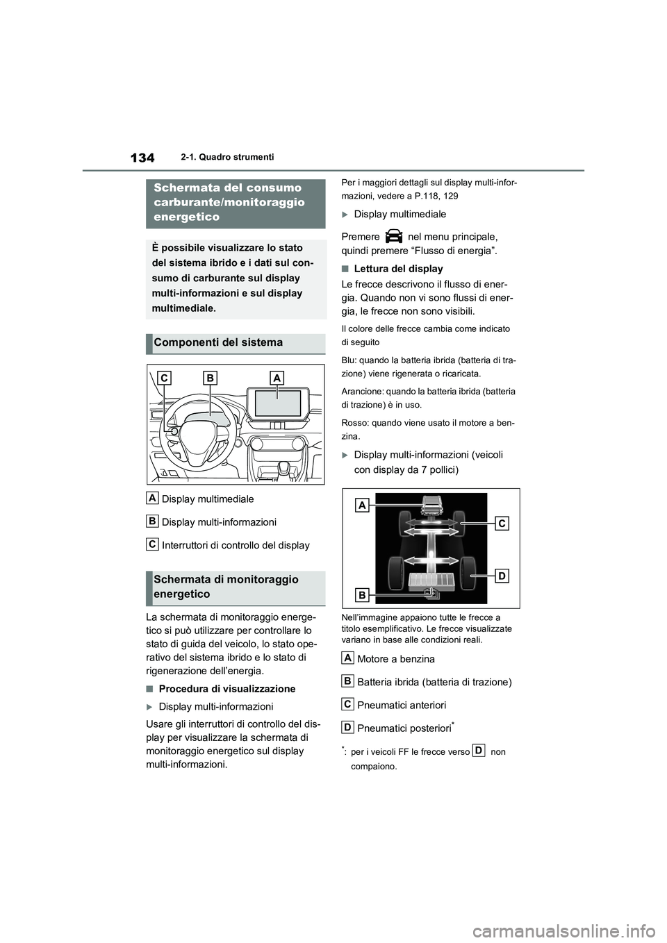 TOYOTA RAV4 2023  Manuale duso (in Italian) 1342-1. Quadro strumenti
Display multimediale
Display multi-informazioni
Interruttori di controllo del display
La schermata di monitoraggio energe-
tico si può utilizzare per controllare lo 
stato di