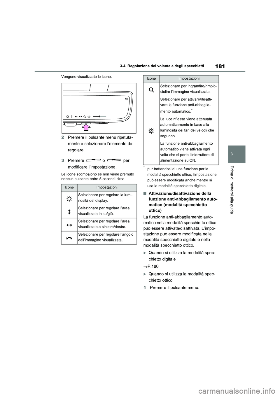 TOYOTA RAV4 2023  Manuale duso (in Italian) 181
3 3-4. Regolazione del volante e degli specchietti
Prima di mettersi alla guida
Vengono visualizzate le icone.
2Premere il pulsante menu ripetuta-
mente e selezionare l’elemento da 
regolare.
3P