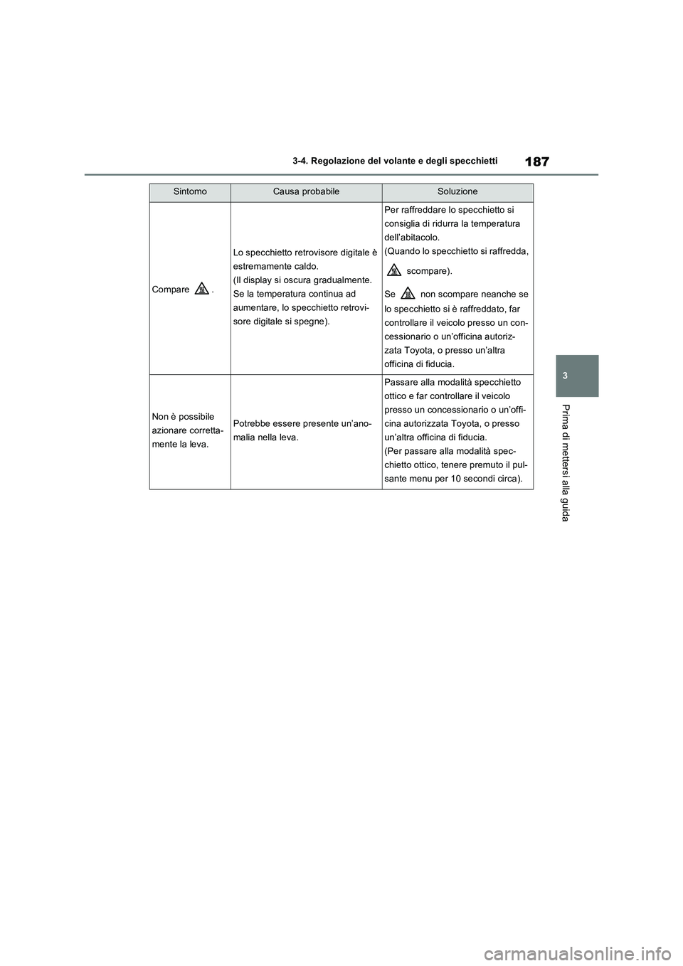 TOYOTA RAV4 2023  Manuale duso (in Italian) 187
3 3-4. Regolazione del volante e degli specchietti
Prima di mettersi alla guida
Compare .
Lo specchietto retrovisore digitale è 
estremamente caldo.
(Il display si oscura gradualmente. 
Se la tem