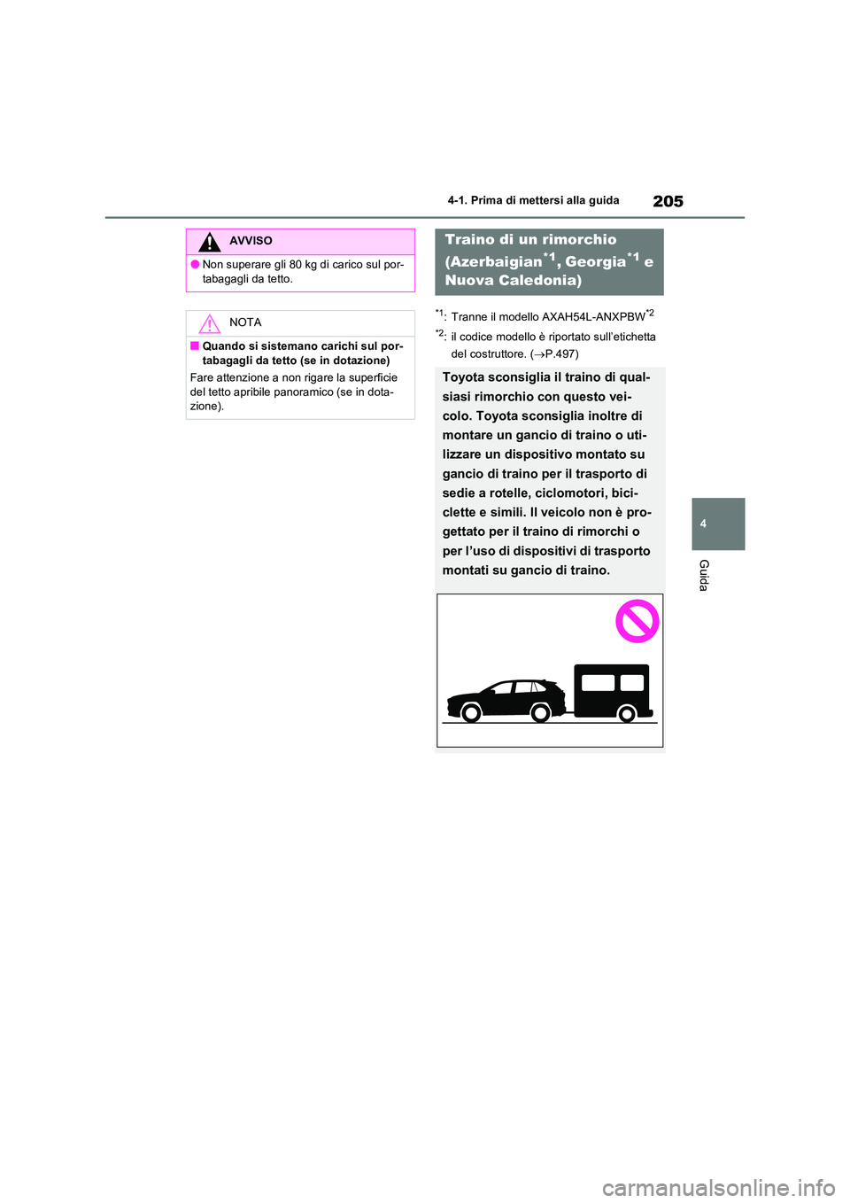 TOYOTA RAV4 2023  Manuale duso (in Italian) 205
4 
4-1. Prima di mettersi alla guida
Guida
*1: Tranne il modello AXAH54L-ANXPBW*2 
*2: il codice modello è riportato sull’etichetta  
del costruttore. ( P.497)
AVVISO
●Non superare gli 80 