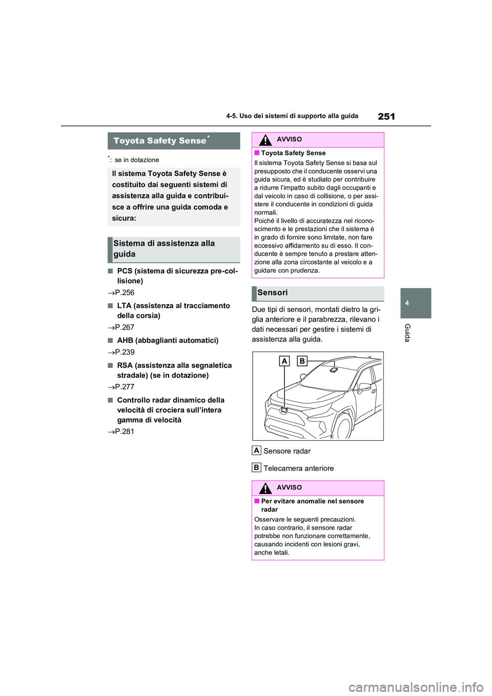 TOYOTA RAV4 2023  Manuale duso (in Italian) 251
4 
4-5. Uso dei sistemi di supporto alla guida
Guida
4-5.Uso dei sis te mi di su pporto alla  gu ida
*: se in dotazione
■PCS (sistema di sicurezza pre-col- 
lisione) 
 P.256
■LTA (assistenz