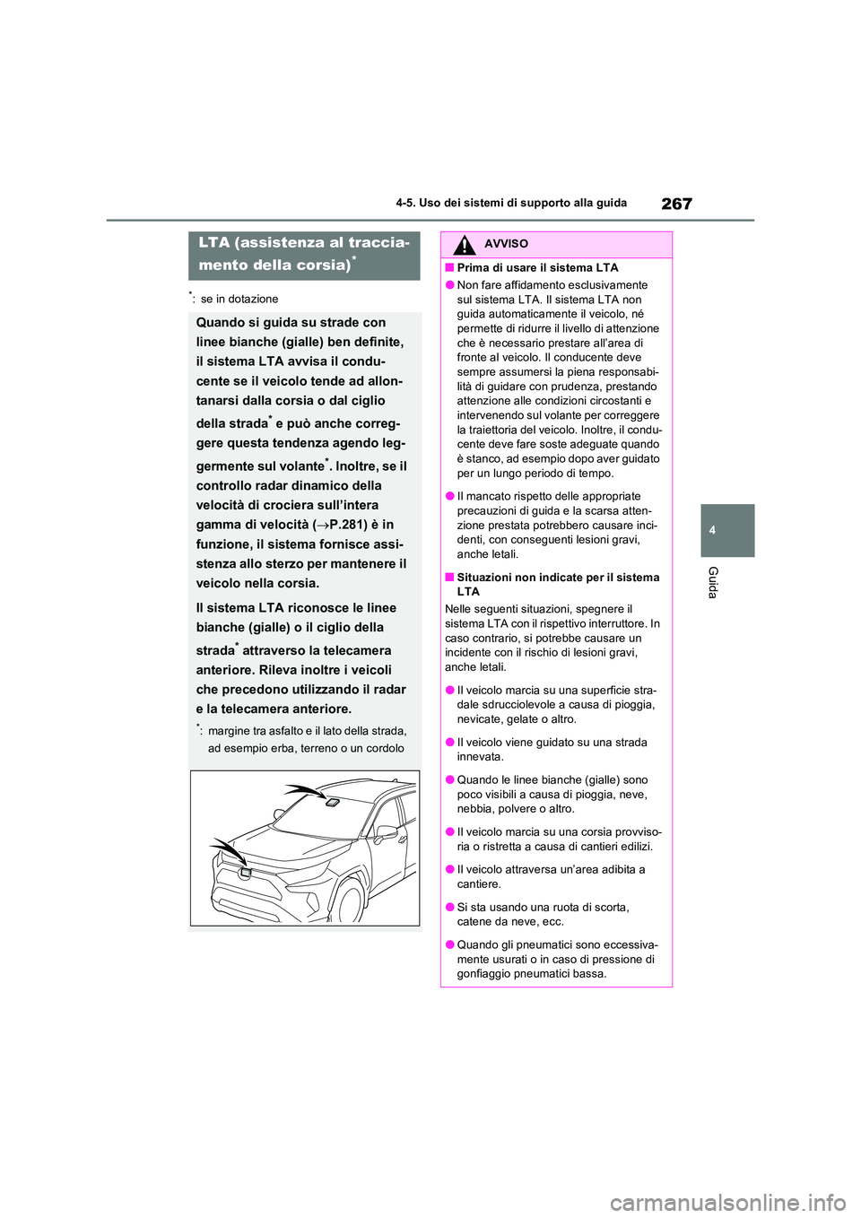 TOYOTA RAV4 2023  Manuale duso (in Italian) 267
4 
4-5. Uso dei sistemi di supporto alla guida
Guida
*: se in dotazione
LTA (assistenza al traccia- 
mento della corsia)*
Quando si guida su strade con  
linee bianche (gialle) ben definite,  
il 