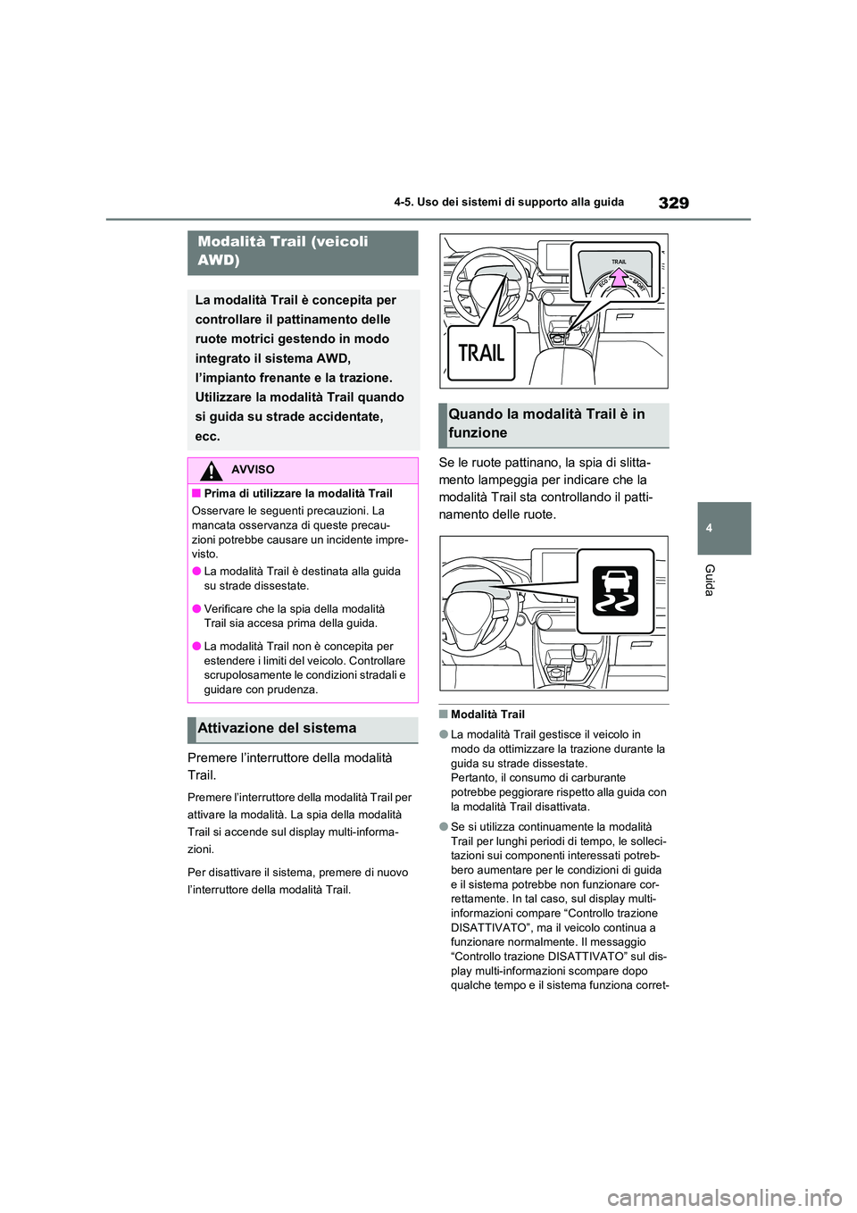 TOYOTA RAV4 2023  Manuale duso (in Italian) 329
4 
4-5. Uso dei sistemi di supporto alla guida
Guida
Premere l’interruttore della modalità  
Trail.
Premere l’interruttore della modalità Trail per  
attivare la modalità. La spia della mod