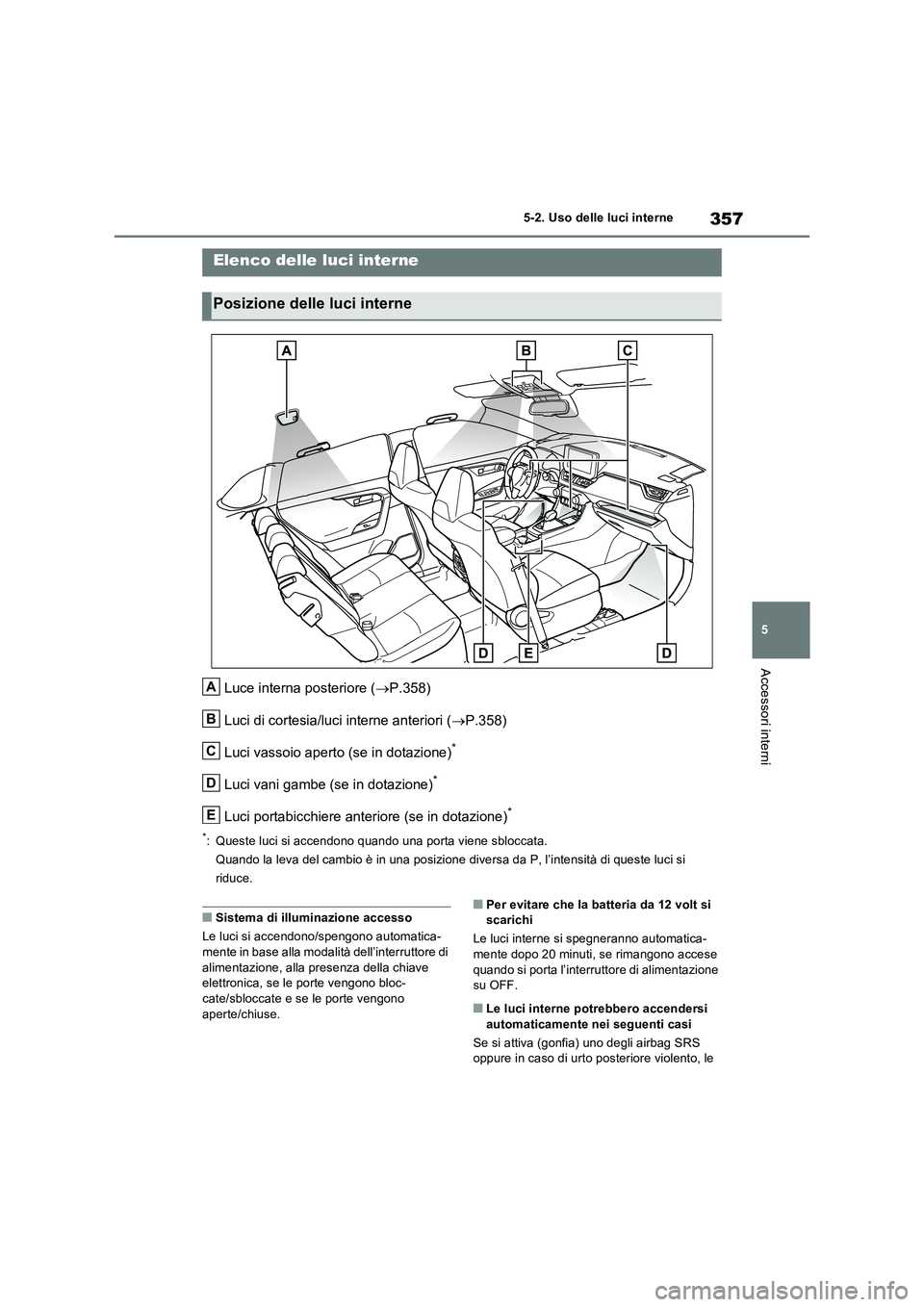 TOYOTA RAV4 2023  Manuale duso (in Italian) 357
5 5-2. Uso delle luci interne
Accessori interni
5-2.Uso delle luci interne
Luce interna posteriore (P.358)
Luci di cortesia/luci interne anteriori (P.358)
Luci vassoio aperto (se in dotazion