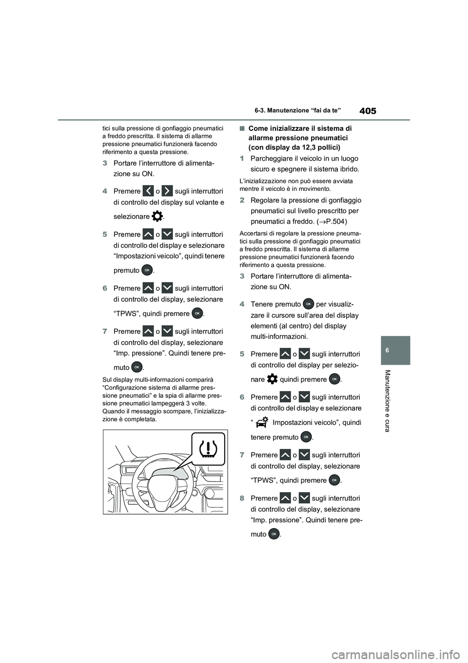 TOYOTA RAV4 2023  Manuale duso (in Italian) 405
6 6-3. Manutenzione “fai da te”
Manutenzione e cura
tici sulla pressione di gonfiaggio pneumatici 
a freddo prescritta. Il sistema di allarme 
pressione pneumatici funzionerà facendo 
riferim