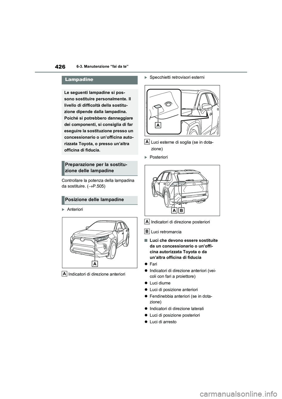 TOYOTA RAV4 2023  Manuale duso (in Italian) 4266-3. Manutenzione “fai da te”
Controllare la potenza della lampadina  
da sostituire. ( P.505)
Anteriori 
Indicatori di direzione anteriori
Specchietti retrovisori esterni
Luci esterne