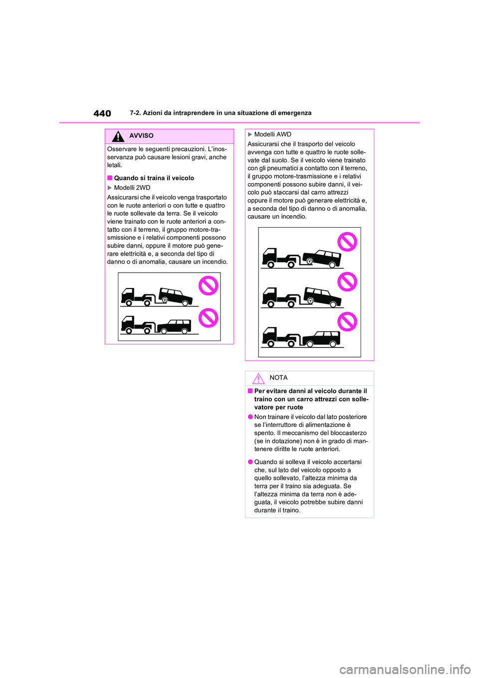 TOYOTA RAV4 2023  Manuale duso (in Italian) 4407-2. Azioni da intraprendere in una situazione di emergenza
AVVISO
Osservare le seguenti precauzioni. L’inos- 
servanza può causare lesioni gravi, anche  letali.
■Quando si traina il veicolo
