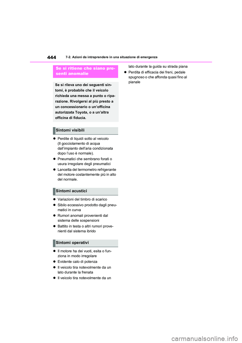 TOYOTA RAV4 2023  Manuale duso (in Italian) 4447-2. Azioni da intraprendere in una situazione di emergenza
Perdite di liquidi sotto al veicolo 
(Il gocciolamento di acqua 
dall’impianto dell’aria condizionata 
dopo l’uso è normale). 
