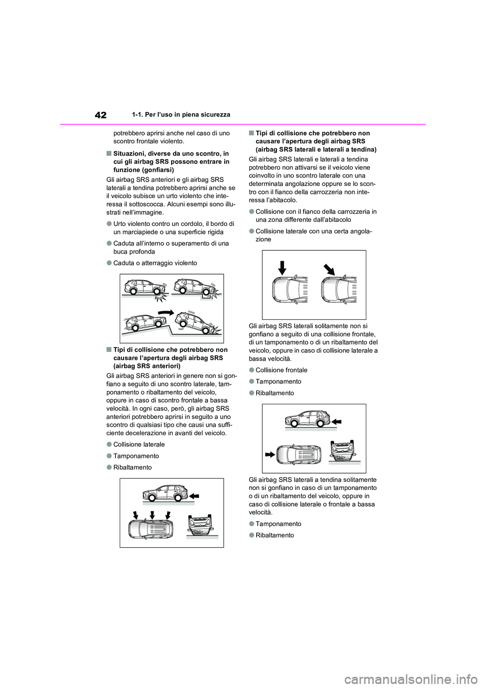 TOYOTA RAV4 2023  Manuale duso (in Italian) 421-1. Per l’uso in piena sicurezza 
potrebbero aprirsi anche nel caso di uno  scontro frontale violento.
■Situazioni, diverse da uno scontro, in cui gli airbag SRS possono entrare in  
funzione (