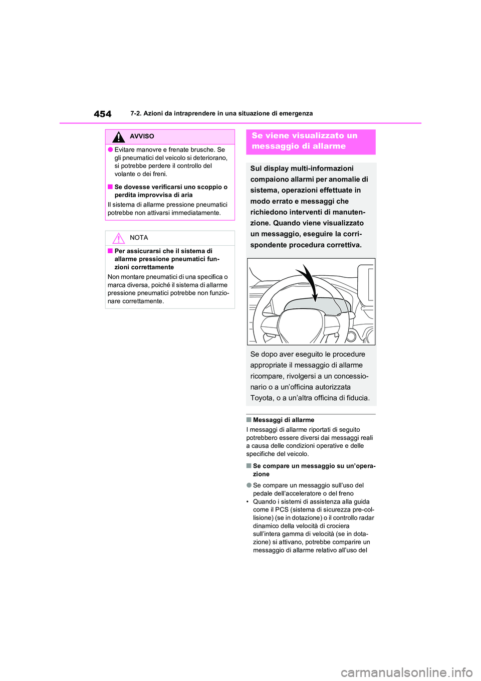 TOYOTA RAV4 2023  Manuale duso (in Italian) 4547-2. Azioni da intraprendere in una situazione di emergenza
■Messaggi di allarme 
I messaggi di allarme riportati di seguito  
potrebbero essere diversi dai messaggi reali  a causa delle condizio