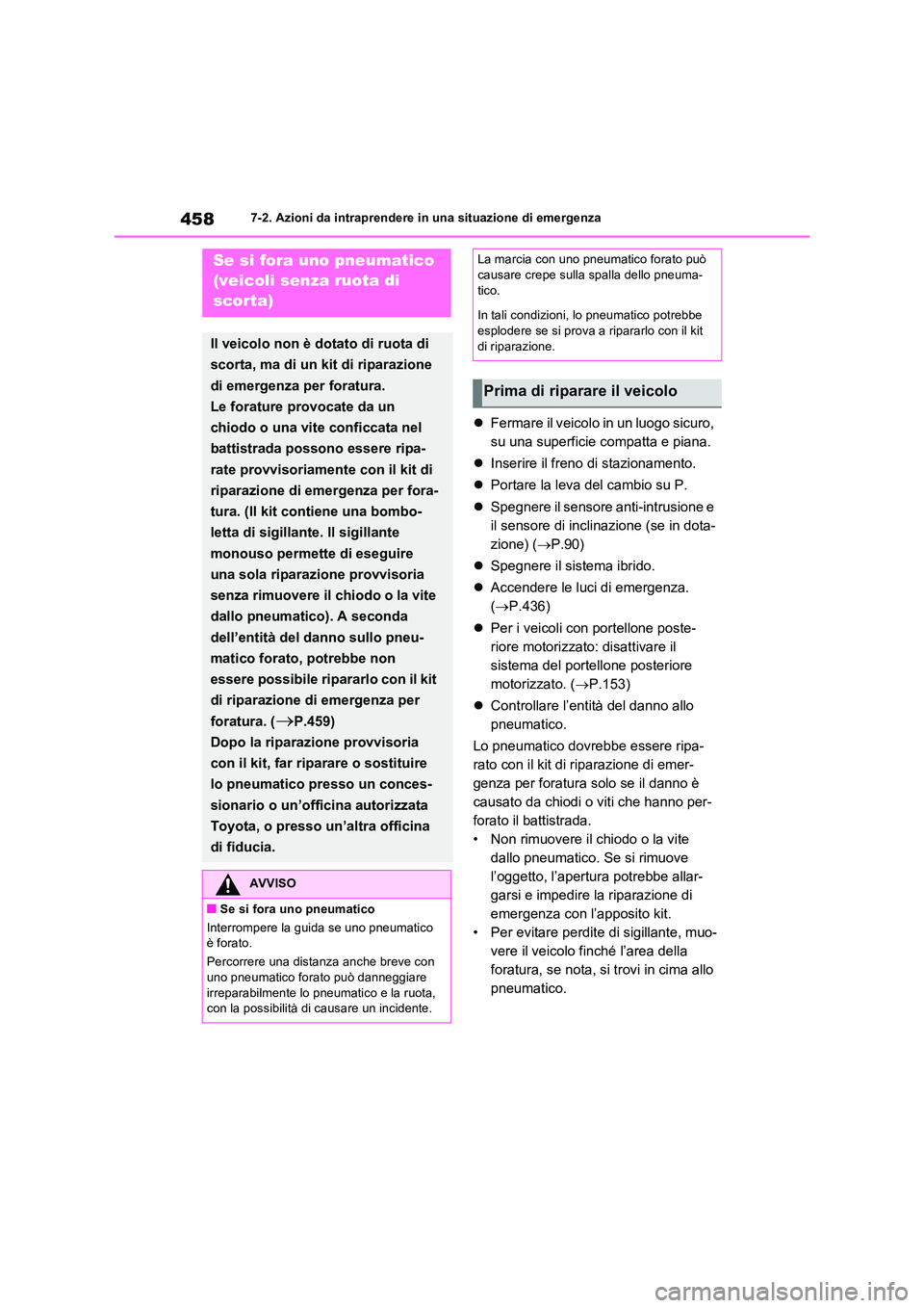 TOYOTA RAV4 2023  Manuale duso (in Italian) 4587-2. Azioni da intraprendere in una situazione di emergenza
Fermare il veicolo in un luogo sicuro,  
su una superficie compatta e piana. 
 Inserire il freno di stazionamento. 
 Portare la 